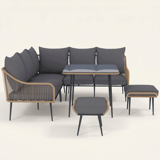 ARVOYA 6 Pieces Garden Corner Rattan Sofa Set w/ Cushions and Glass Top Table, Light Brown