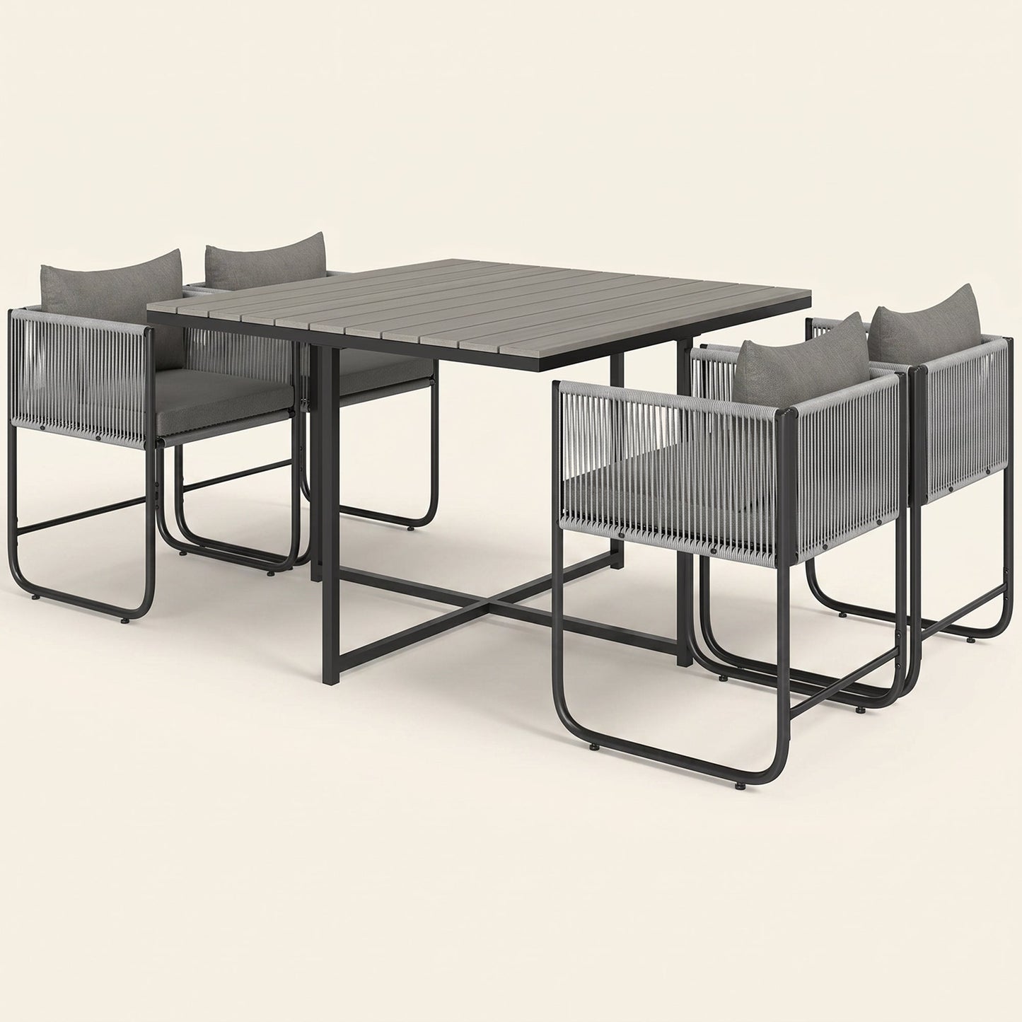 ARVOYA 4 Seater Rattan Garden Furniture Set with Armchairs, Cushions & Wood Grain Top Table, Grey