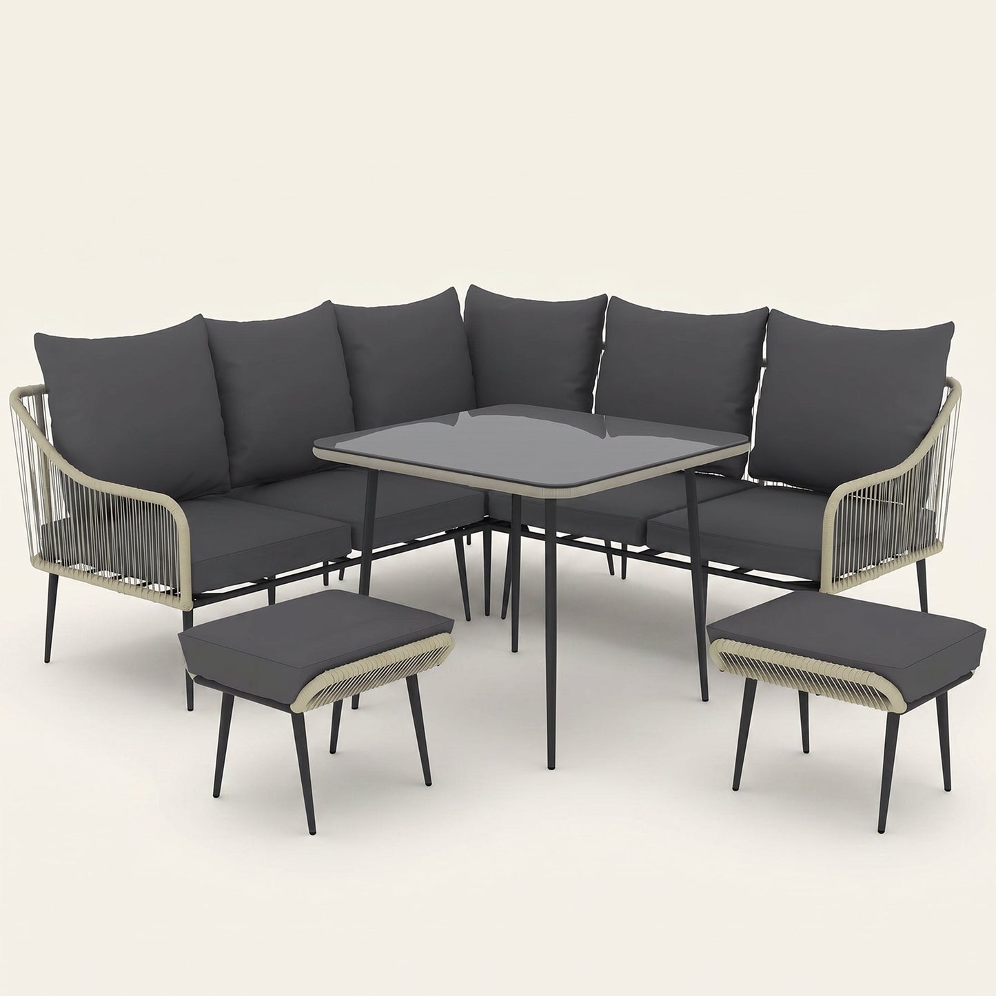 ARVOYA 6 Pieces Garden Corner Rattan Sofa Set w/ Thickened Cushions and Glass Top Table, Light Grey