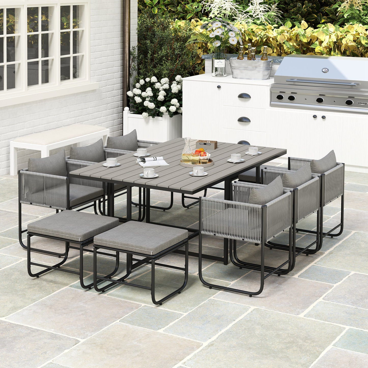 10 Seater Rattan Cube Garden Furniture Set, Rattan Dining Set with Cushions, Outdoor Dining Table and Chairs with 6 Armchairs, 4 Stools, Rectangular Wood Grain Plastic Top Table, Grey