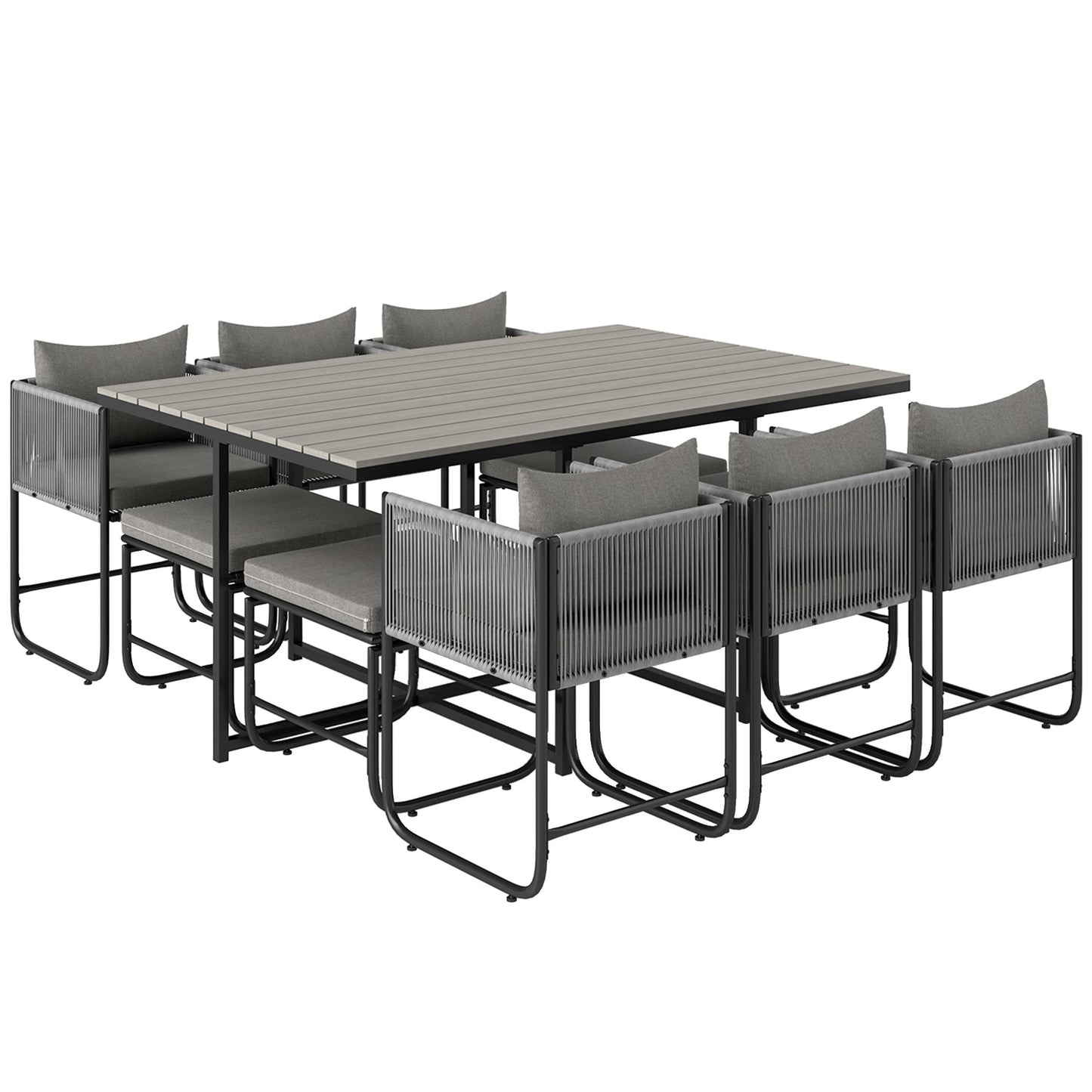 10 Seater Rattan Cube Garden Furniture Set, Rattan Dining Set with Cushions, Outdoor Dining Table and Chairs with 6 Armchairs, 4 Stools, Rectangular Wood Grain Plastic Top Table, Grey