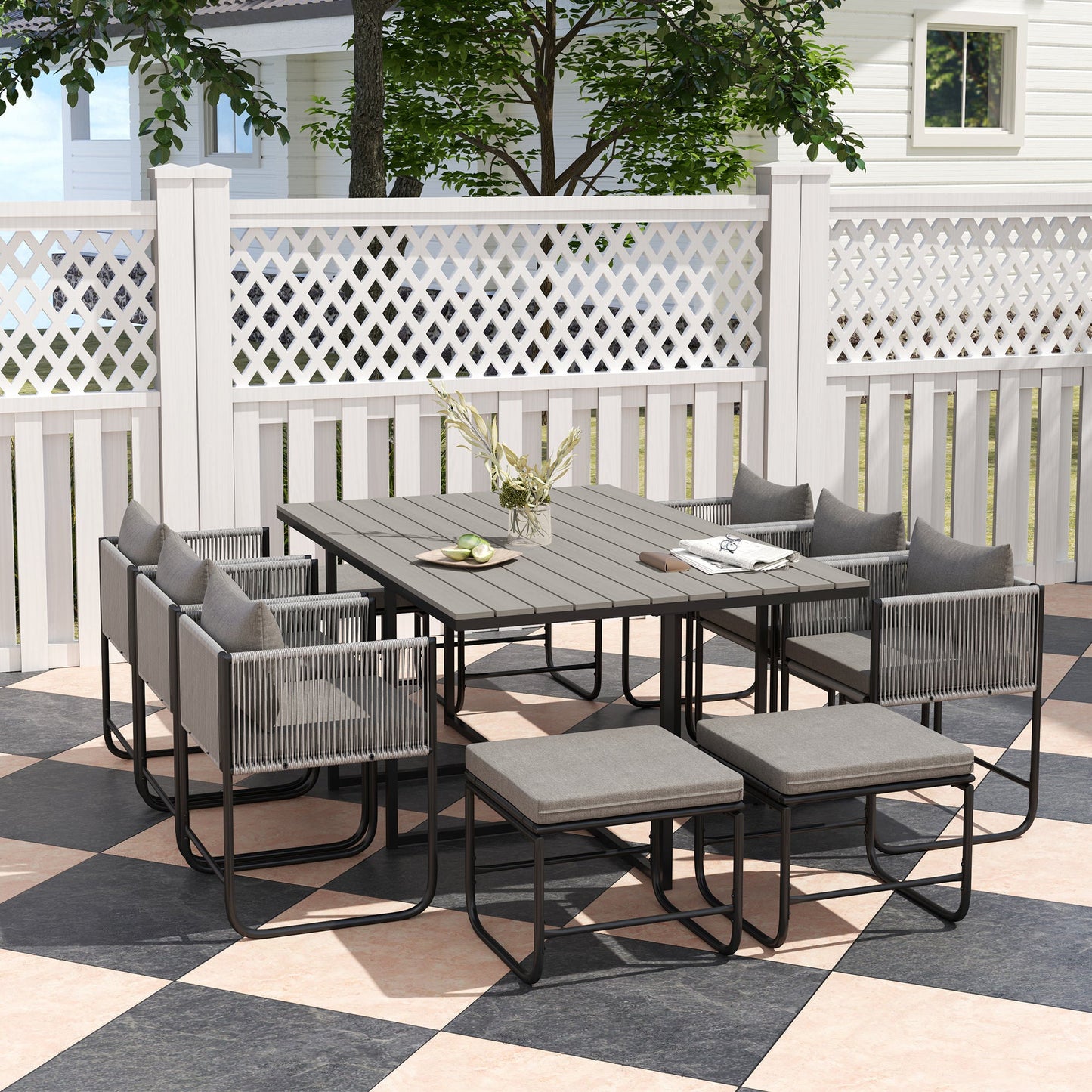 10 Seater Rattan Cube Garden Furniture Set, Rattan Dining Set with Cushions, Outdoor Dining Table and Chairs with 6 Armchairs, 4 Stools, Rectangular Wood Grain Plastic Top Table, Grey