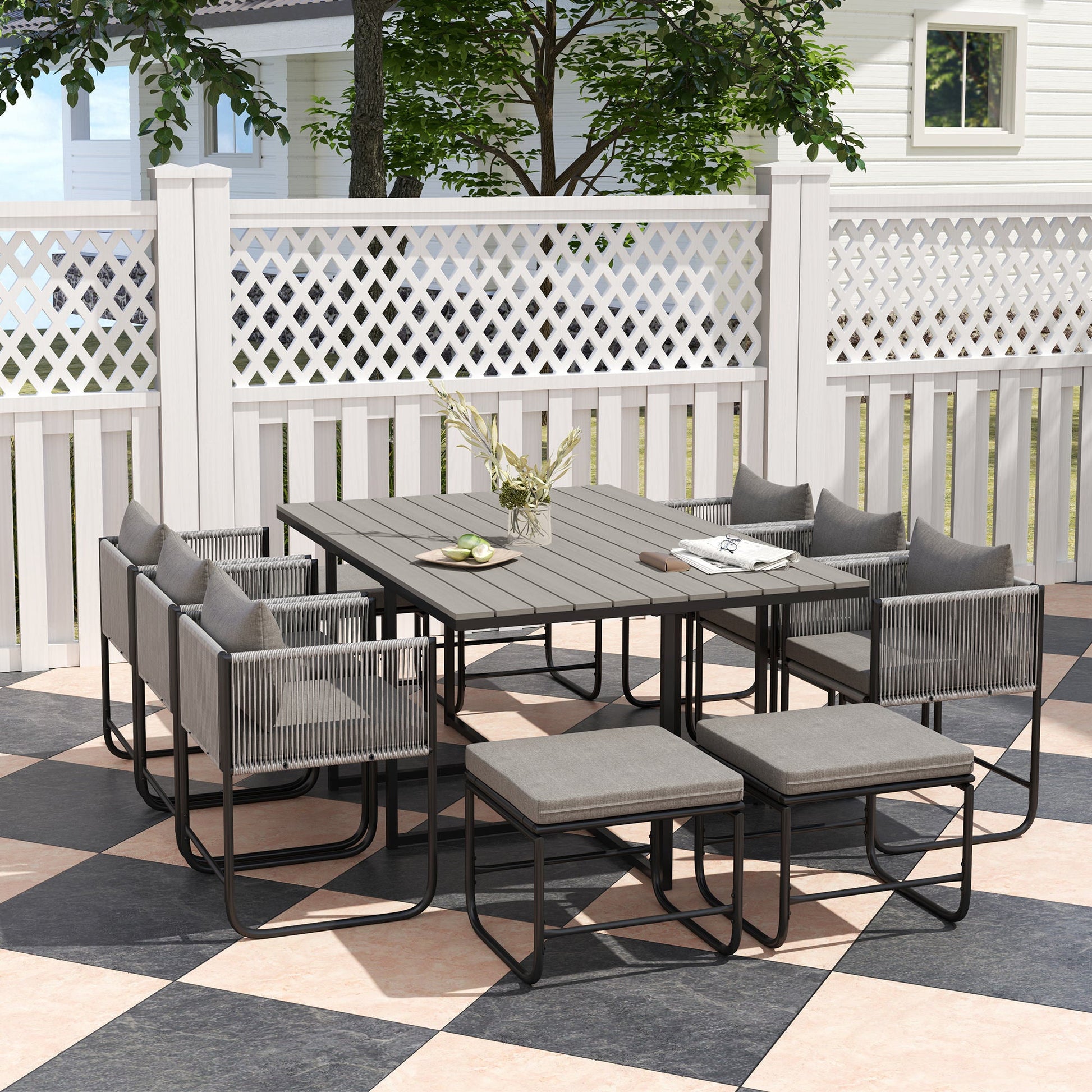 10 Seater Rattan Cube Garden Furniture Set, Rattan Dining Set with Cushions, Outdoor Dining Table and Chairs with 6 Armchairs, 4 Stools, Rectangular Wood Grain Plastic Top Table, Grey