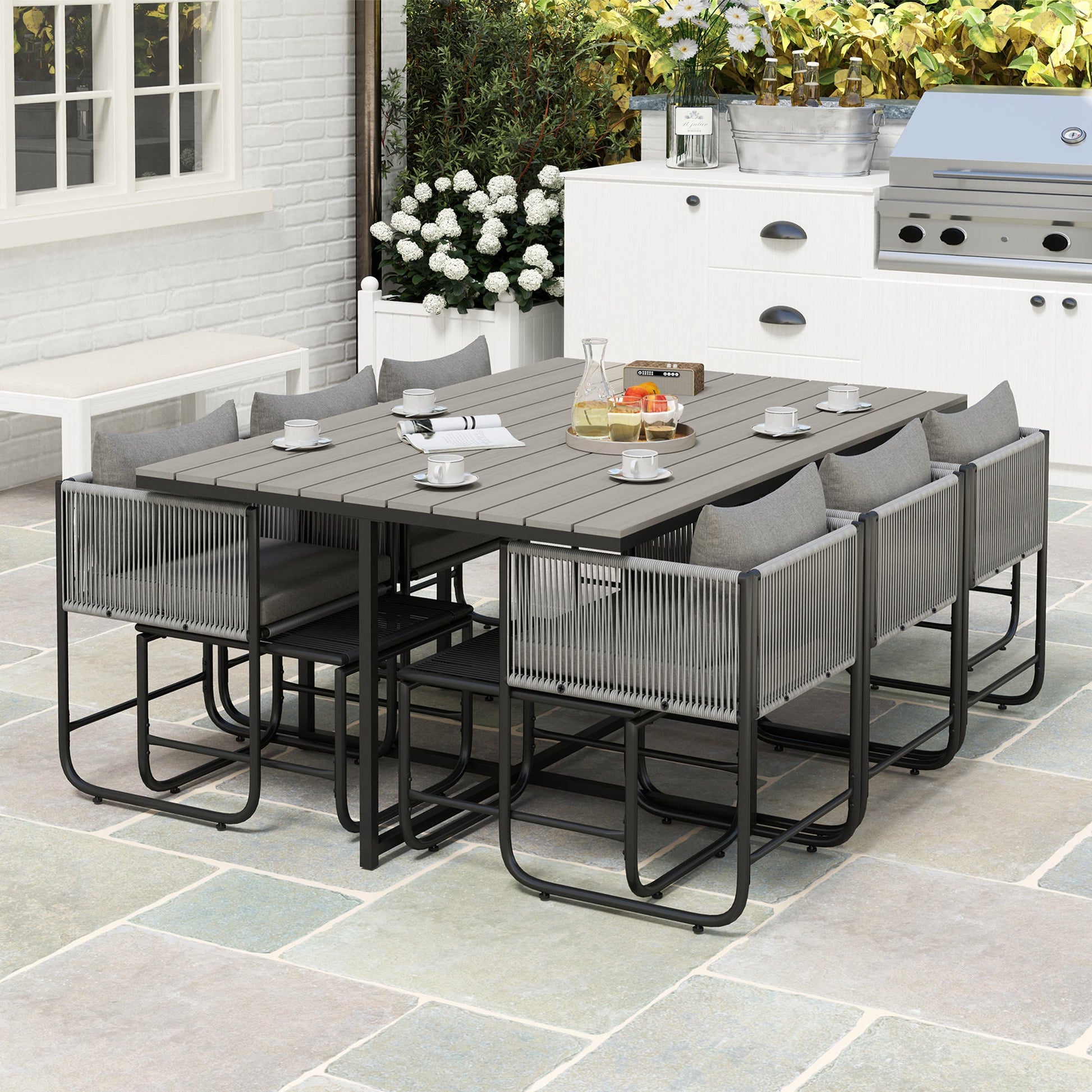 10 Seater Rattan Cube Garden Furniture Set, Rattan Dining Set with Cushions, Outdoor Dining Table and Chairs with 6 Armchairs, 4 Stools, Rectangular Wood Grain Plastic Top Table, Grey