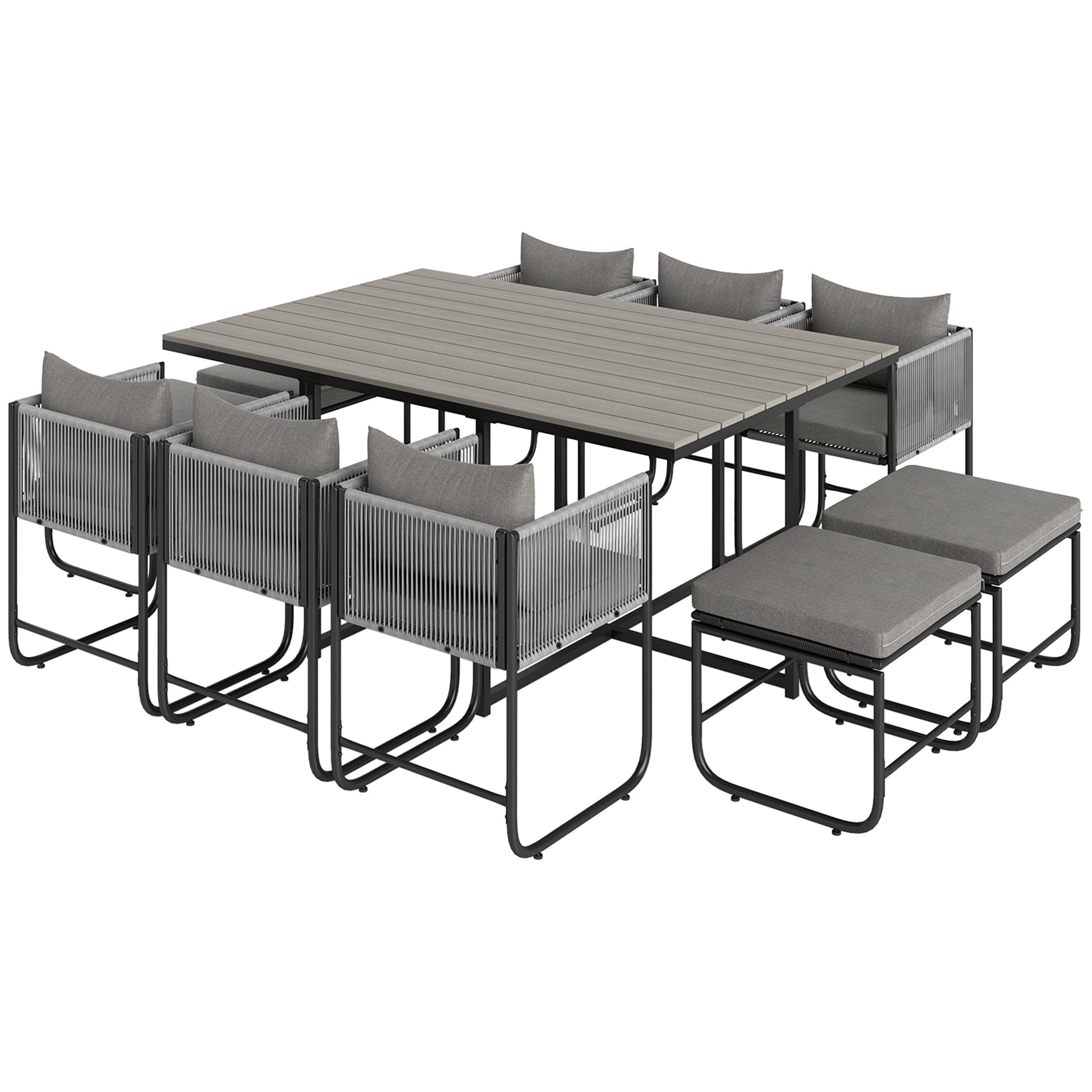 10 Seater Rattan Cube Garden Furniture Set, Rattan Dining Set with Cushions, Outdoor Dining Table and Chairs with 6 Armchairs, 4 Stools, Rectangular Wood Grain Plastic Top Table, Grey