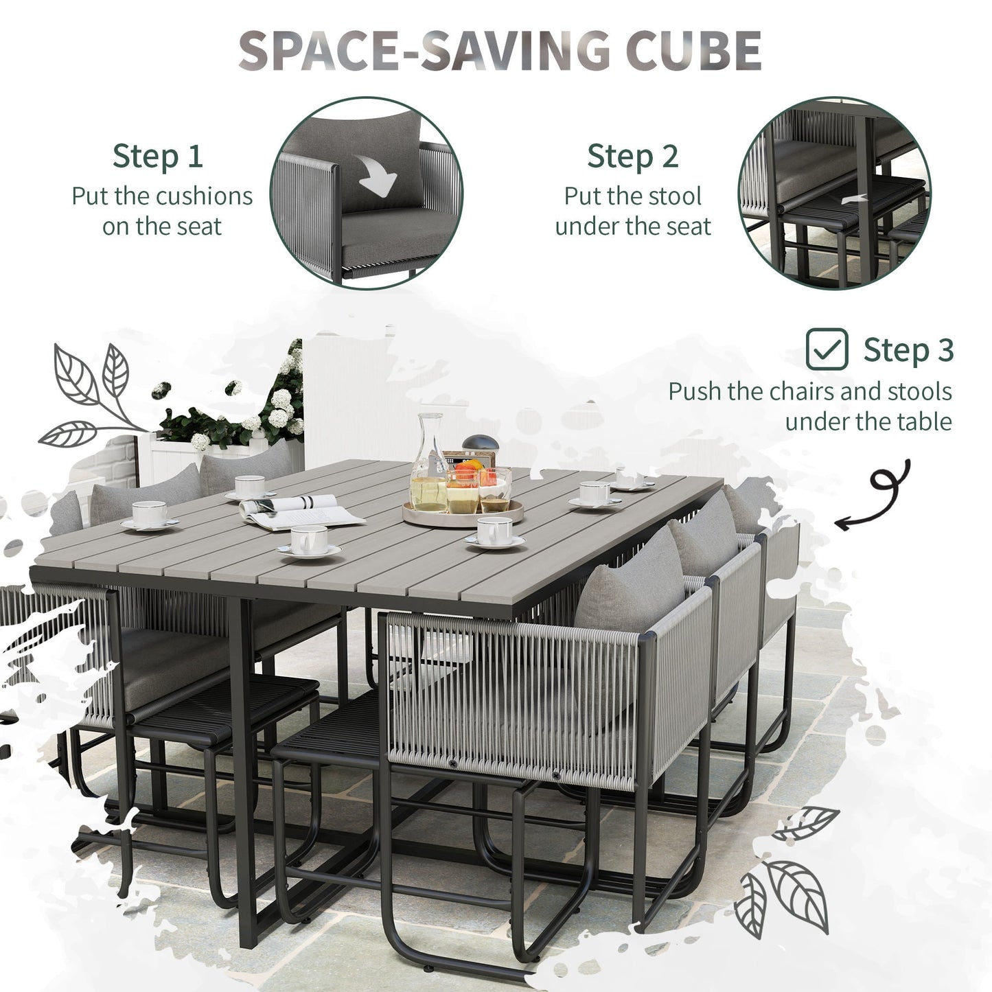 10 Seater Rattan Cube Garden Furniture Set, Rattan Dining Set with Cushions, Outdoor Dining Table and Chairs with 6 Armchairs, 4 Stools, Rectangular Wood Grain Plastic Top Table, Grey