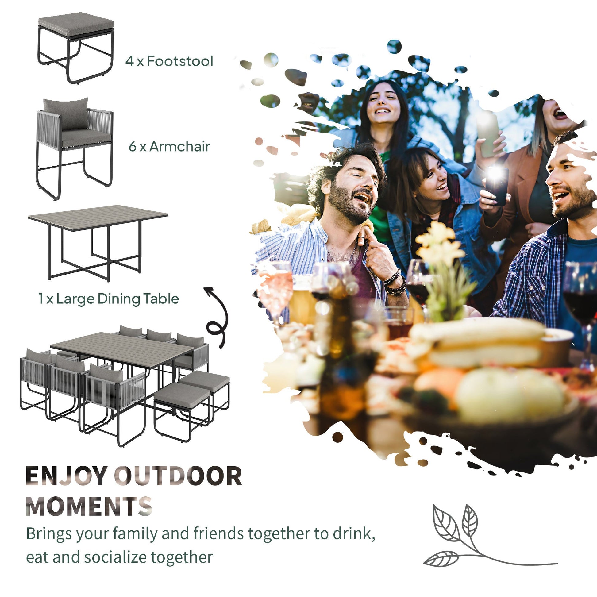 10 Seater Rattan Cube Garden Furniture Set, Rattan Dining Set with Cushions, Outdoor Dining Table and Chairs with 6 Armchairs, 4 Stools, Rectangular Wood Grain Plastic Top Table, Grey