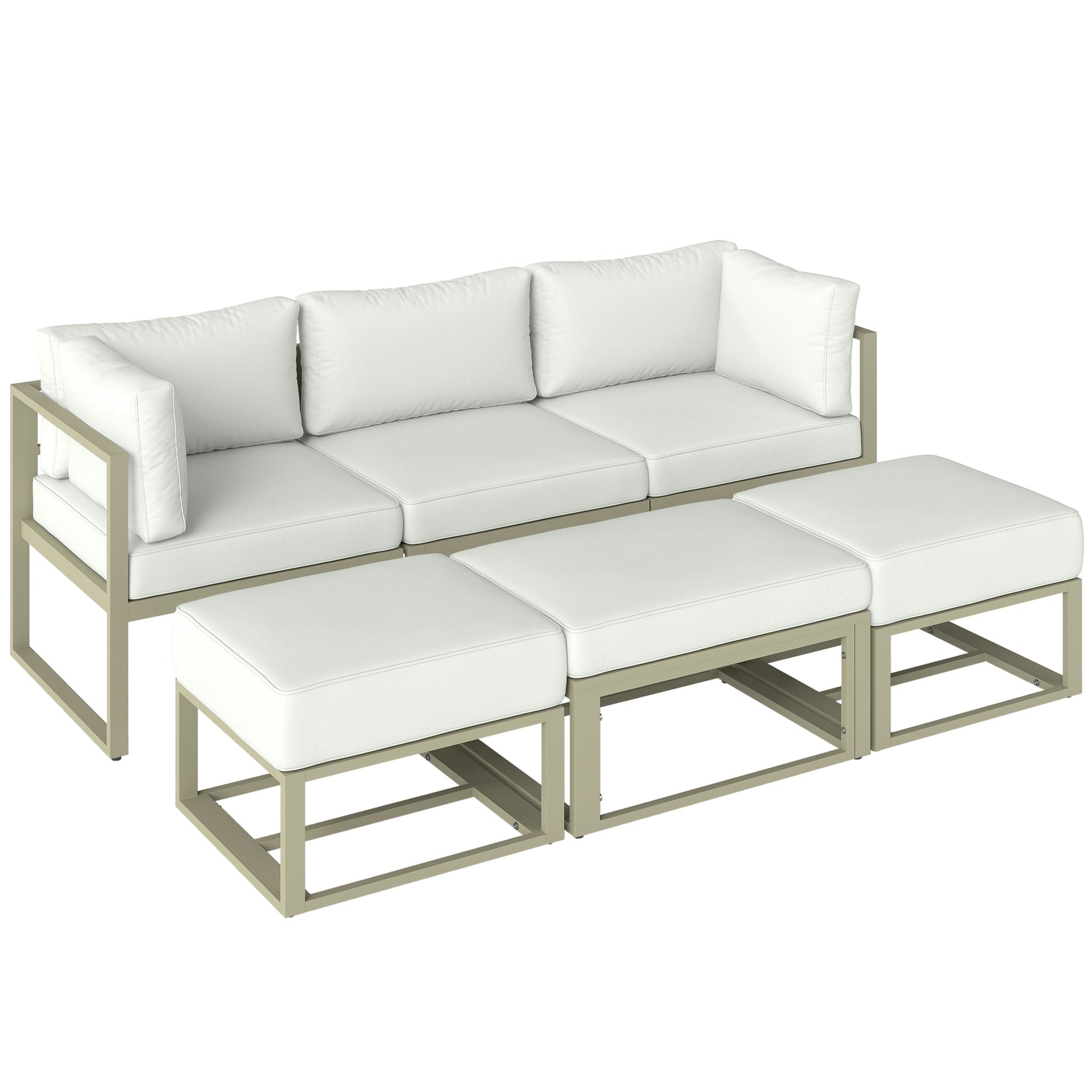 Garden Daybed, 6 Piece Outdoor Sectional Sofa Set, Aluminium Patio Conversation Furniture Set with Coffee Table, Footstool and Cushions, Cream White
