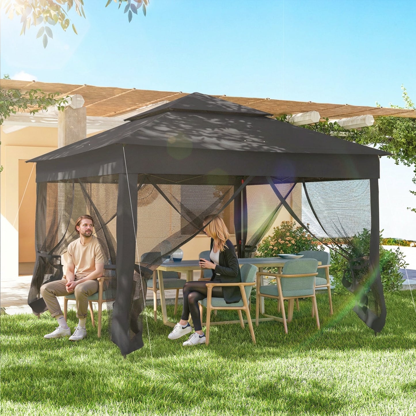 3 x 3(m) Pop Up Gazebo, Double-roof Garden Tent with Netting and Carry Bag, Party Event Shelter for Outdoor Patio, Black