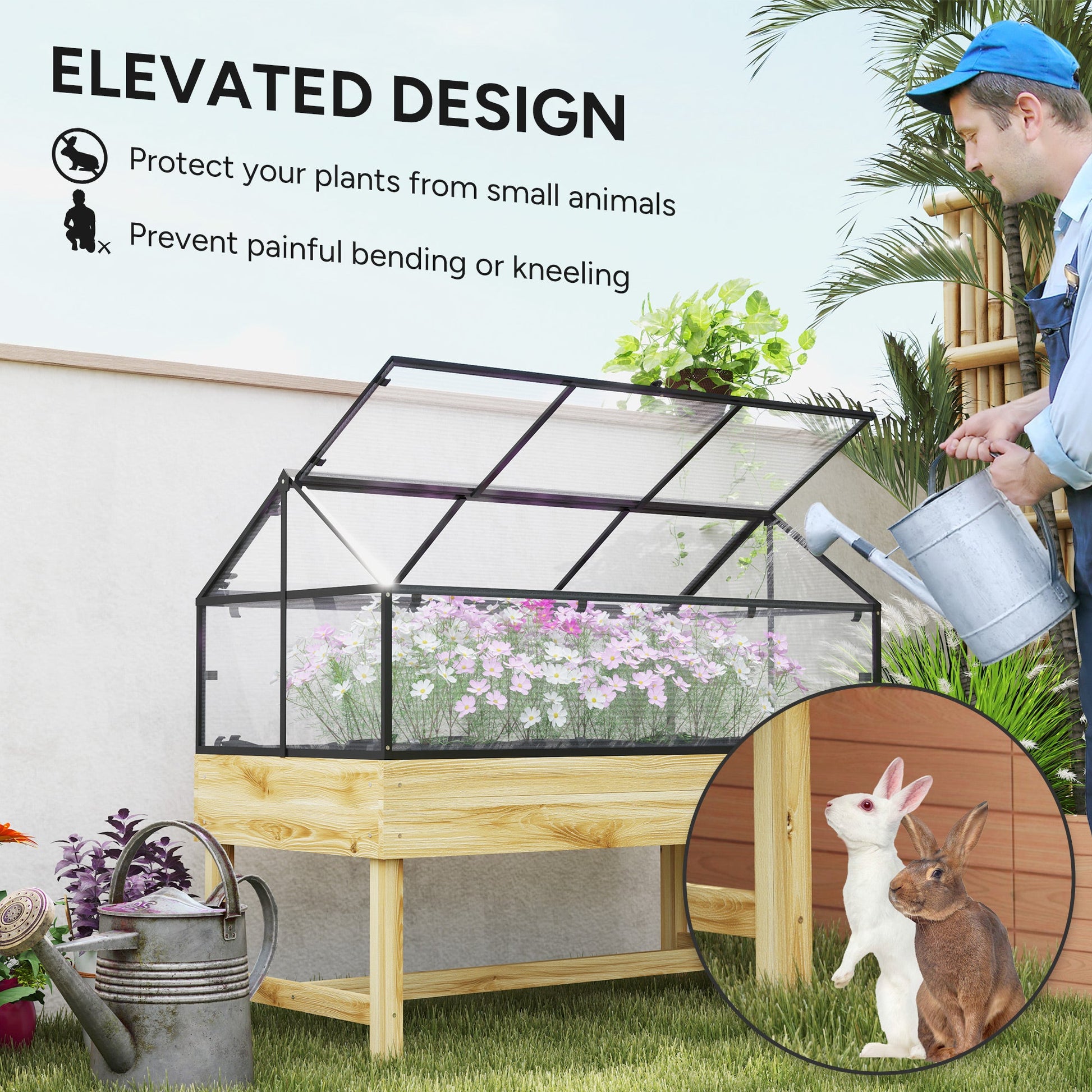 Raised Garden Bed with Cold Frame Greenhouse, Elevated Wood Planter Box with Polycarbonate Panel and Top Vent for Vegetables, Flowers, Herbs, 120 x 60 x 103cm, Natural