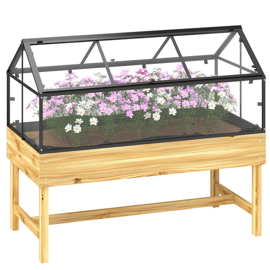 Raised Garden Bed with Cold Frame Greenhouse, Elevated Wood Planter Box with Polycarbonate Panel and Top Vent for Vegetables, Flowers, Herbs, 120 x 60 x 103cm, Natural