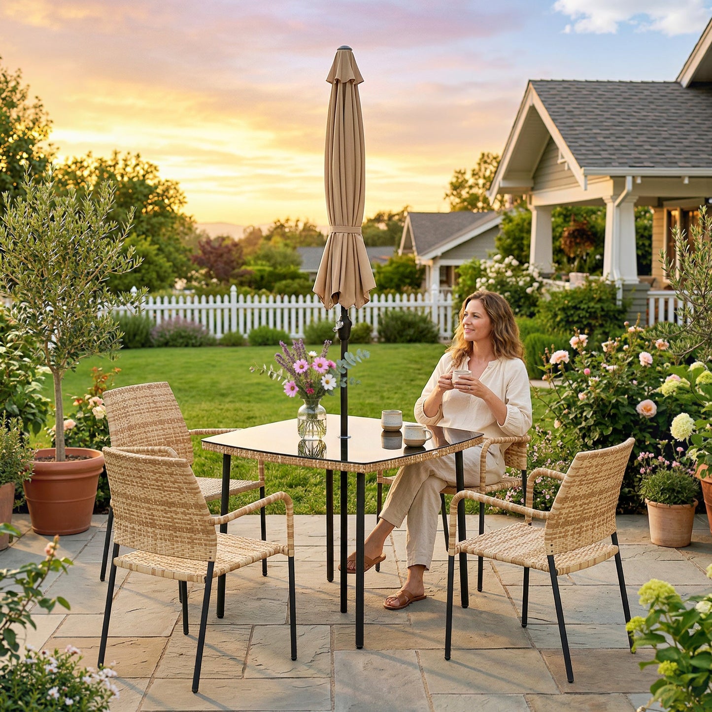 4 Seater Rattan Dining Set with Parasol, 6 Piece Garden Table and Stackable Chairs with Tempered Glass Tabletop, All-Weather Outdoor Rattan Furniture Set for Patio, Light Brown