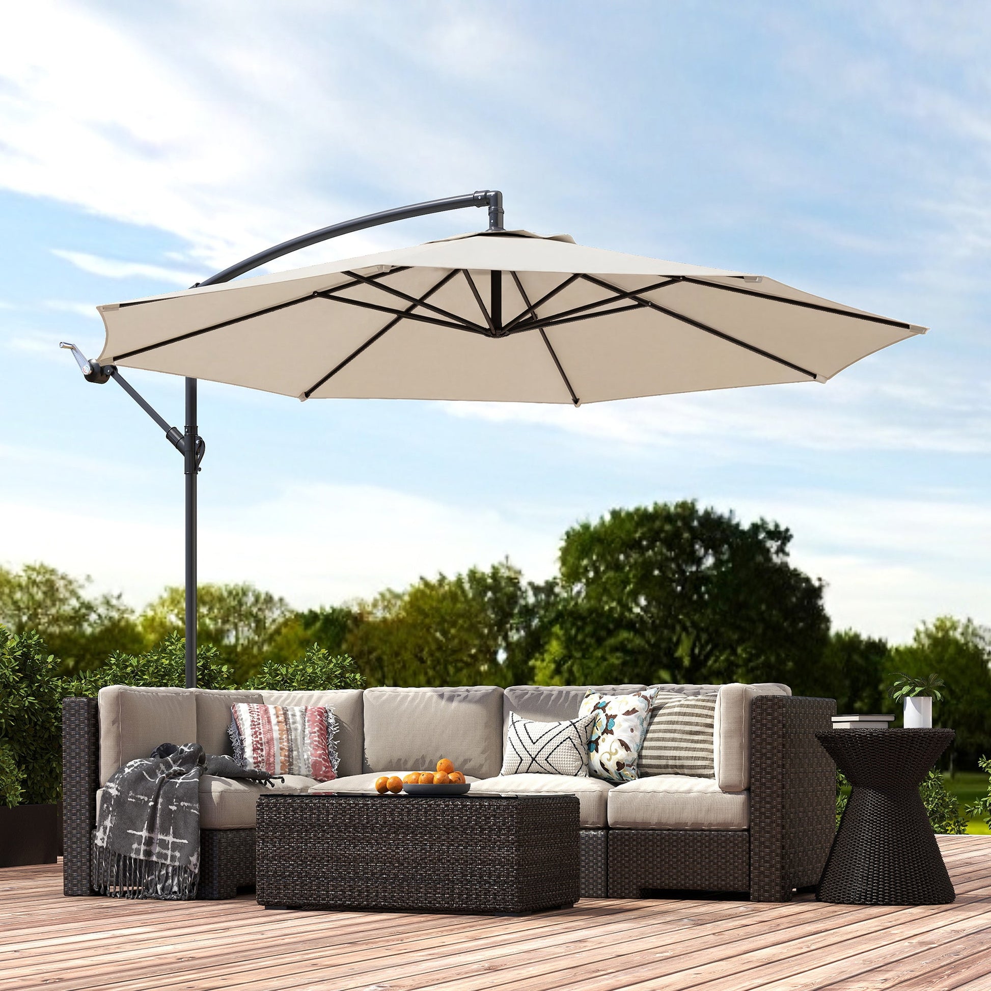 3(m) Garden Banana Parasol Hanging Cantilever Umbrella with Crank Handle, 8 Ribs and Cross Base for Outdoor, Sun Shade, Cream White