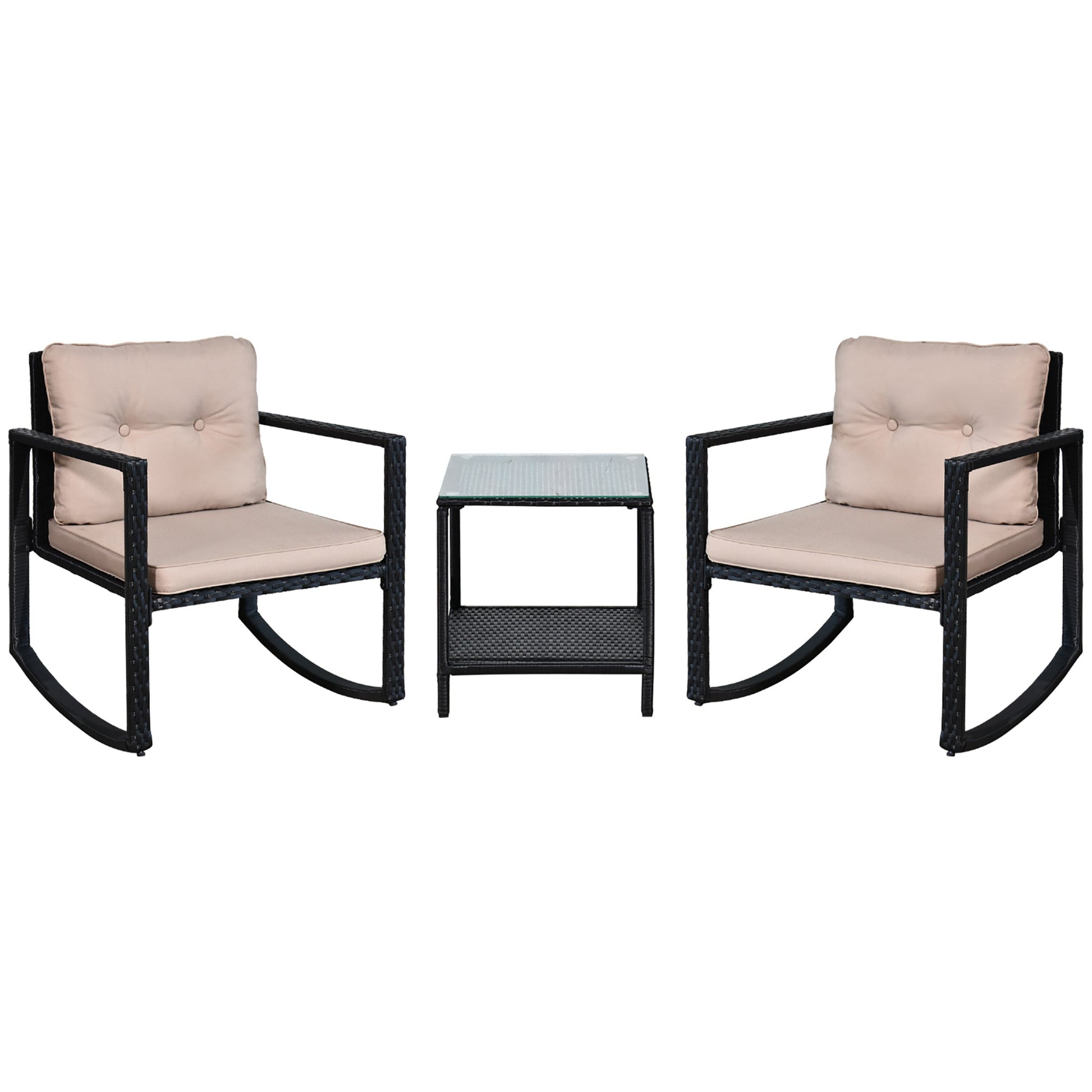 3 Pieces Rattan Garden Rocking Chair Set, Outdoor Rocking Bistro Set w/ 2 Cushioned Armchair and Glass Top Two-tier Coffee Table, Black
