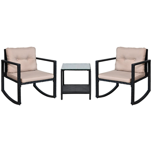 3 Pieces Rattan Garden Rocking Chair Set, Outdoor Rocking Bistro Set w/ 2 Cushioned Armchair and Glass Top Two-tier Coffee Table, Black