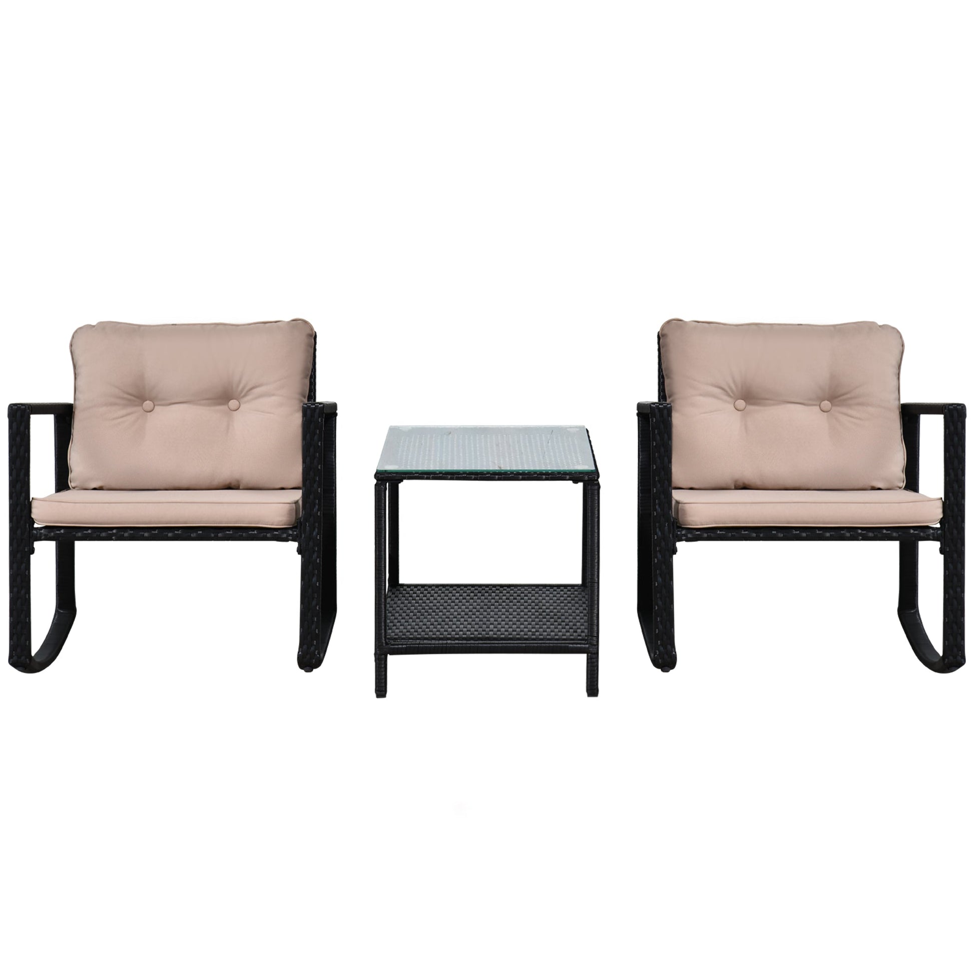 3 Pieces Rattan Garden Rocking Chair Set, Outdoor Rocking Bistro Set w/ 2 Cushioned Armchair and Glass Top Two-tier Coffee Table, Black