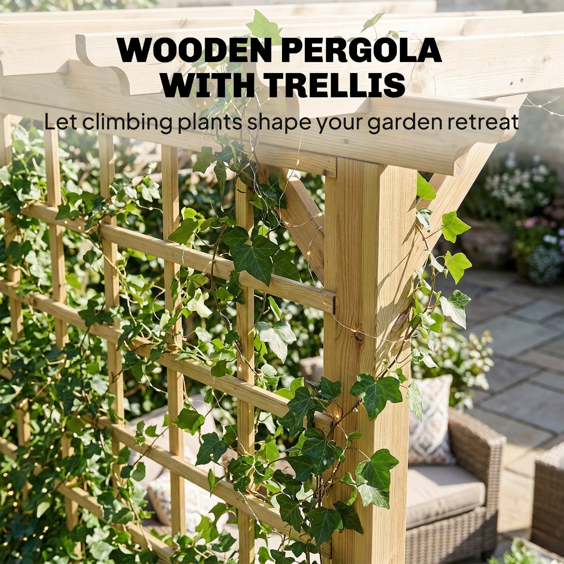 3 x 3 m Wooden Pergola Kit, Garden Pergola Gazebo Arch with Grape Trellis, Triangle Supports, Crossing Beams for Climbing Vines, Flowers, Sun Shade Shelter for Patio Grill, Nature Wood Finish