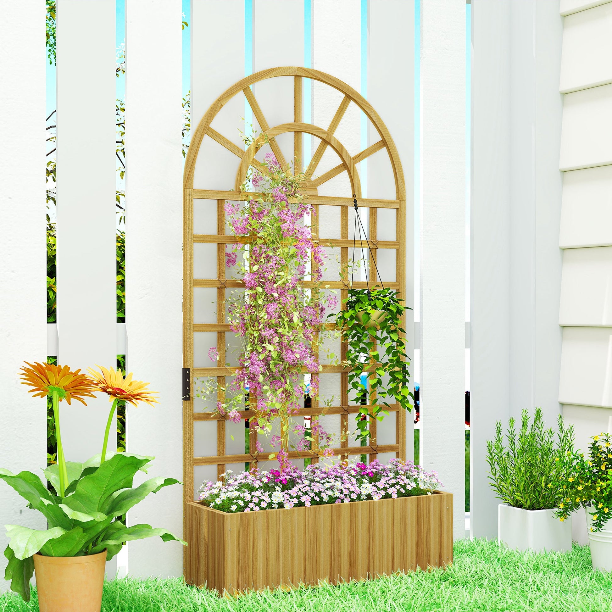 Wooden Raised Planter with Trellis, Raised Bed for Garden with Lattice and Drainage Holes for Climbing Plants, Outdoor Elevated Planter Box for Vegetables Flowers Herbs, 90 x 30 x 180 cm