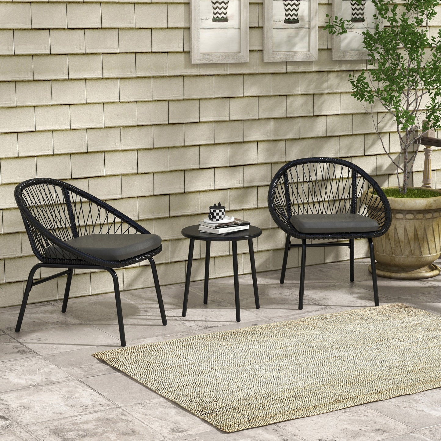 3 Pieces Rattan Bistro Set, Wicker Garden Furniture Set with Round Metal Top Coffee Table and Chairs, Washable Cushions for Outdoor, Patio, Balcony, Black