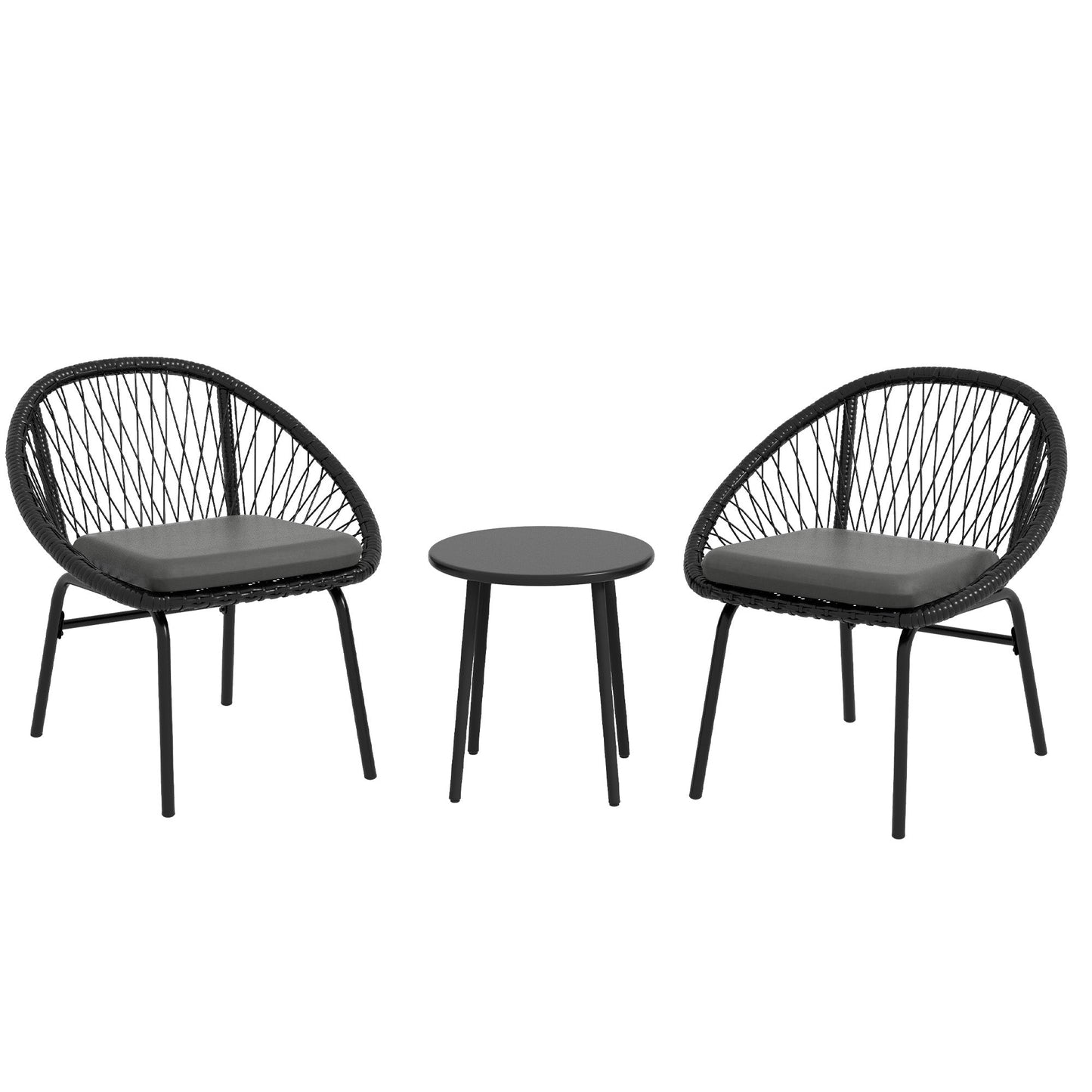 3 Pieces Rattan Bistro Set, Wicker Garden Furniture Set with Round Metal Top Coffee Table and Chairs, Washable Cushions for Outdoor, Patio, Balcony, Black