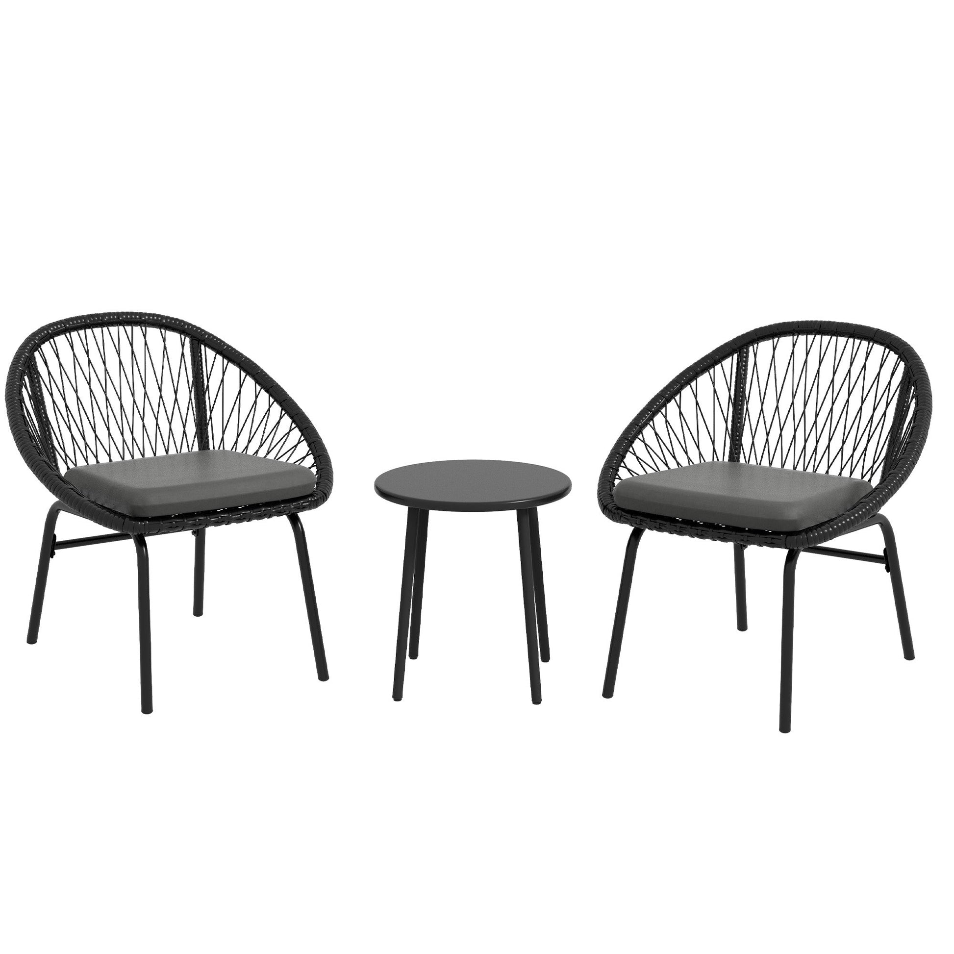 3 Pieces Rattan Bistro Set, Wicker Garden Furniture Set with Round Metal Top Coffee Table and Chairs, Washable Cushions for Outdoor, Patio, Balcony, Black