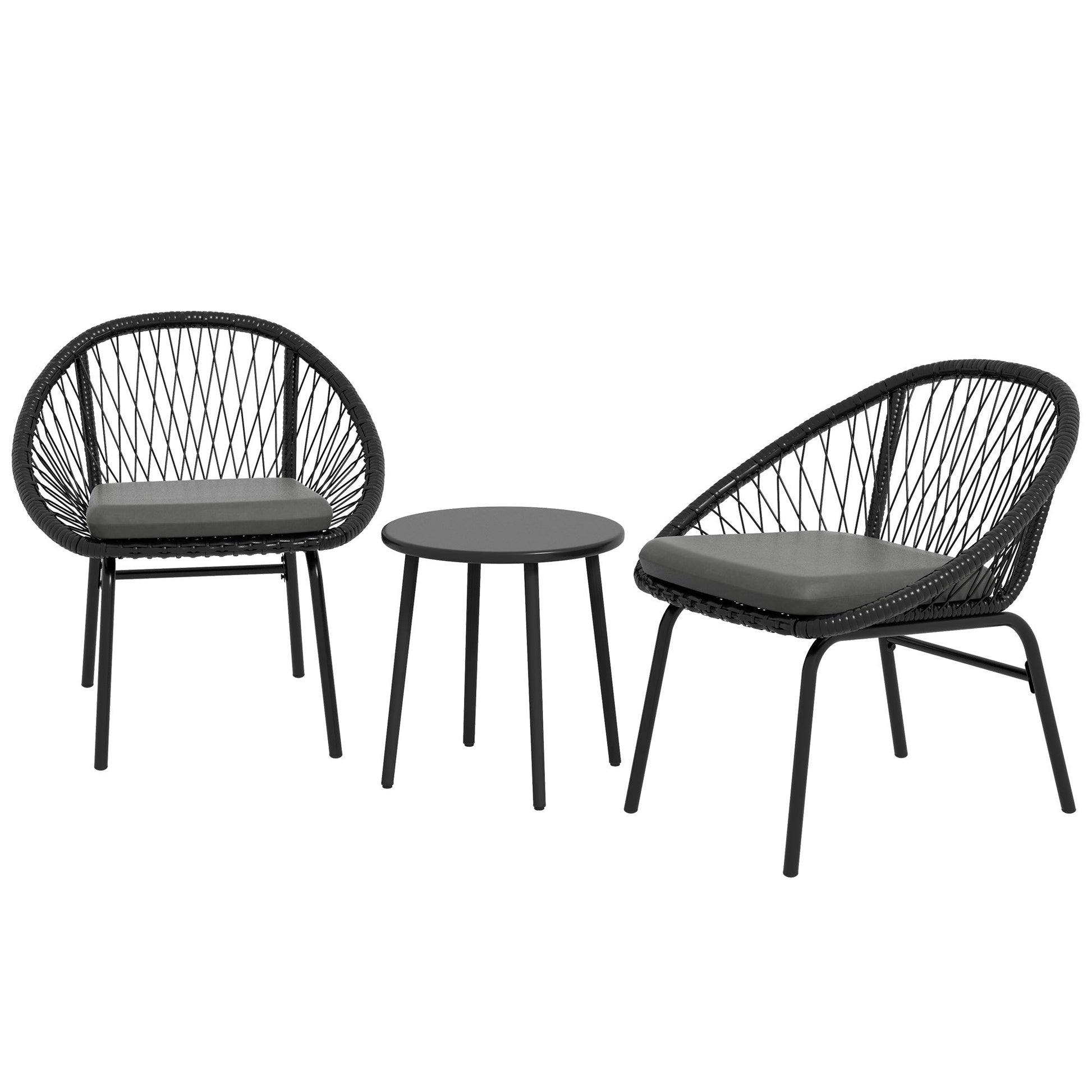 3 Pieces Rattan Bistro Set, Wicker Garden Furniture Set with Round Metal Top Coffee Table and Chairs, Washable Cushions for Outdoor, Patio, Balcony, Black