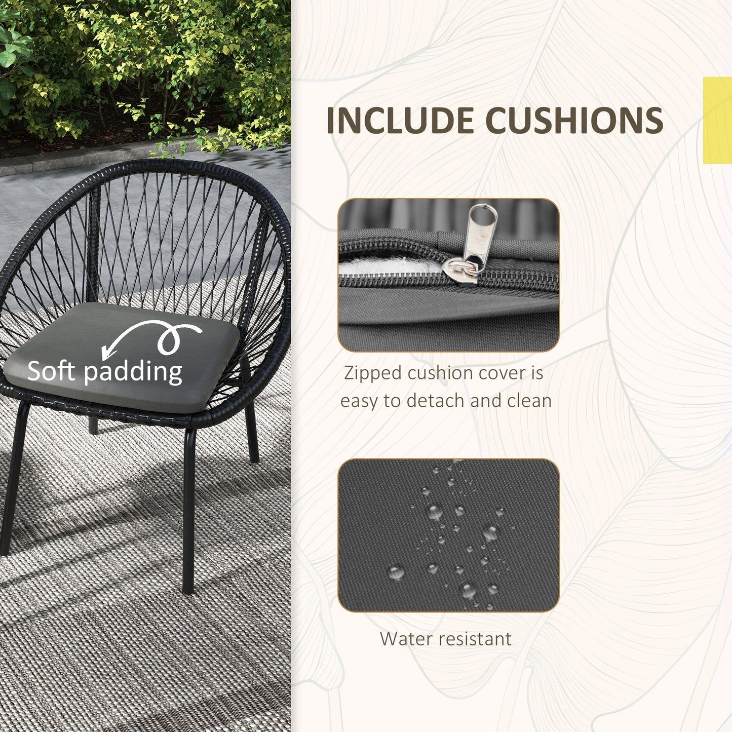 3 Pieces Rattan Bistro Set, Wicker Garden Furniture Set with Round Metal Top Coffee Table and Chairs, Washable Cushions for Outdoor, Patio, Balcony, Black