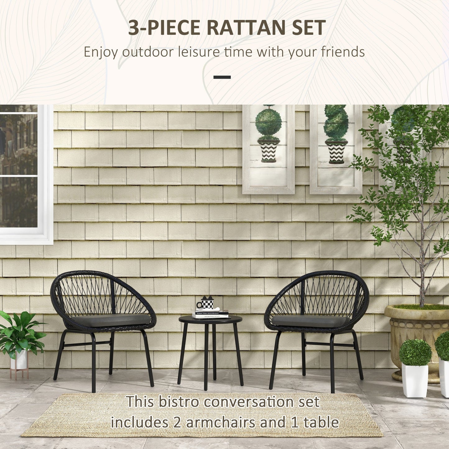 3 Pieces Rattan Bistro Set, Wicker Garden Furniture Set with Round Metal Top Coffee Table and Chairs, Washable Cushions for Outdoor, Patio, Balcony, Black