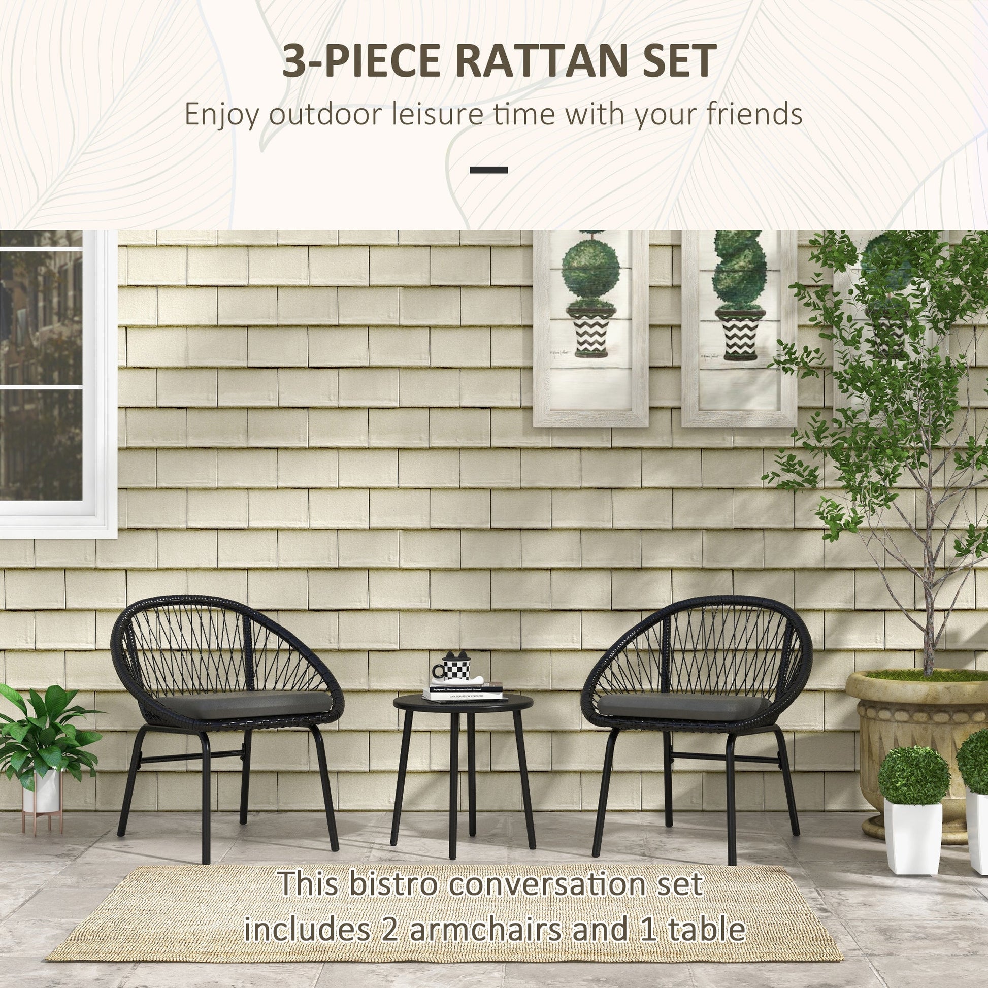 3 Pieces Rattan Bistro Set, Wicker Garden Furniture Set with Round Metal Top Coffee Table and Chairs, Washable Cushions for Outdoor, Patio, Balcony, Black