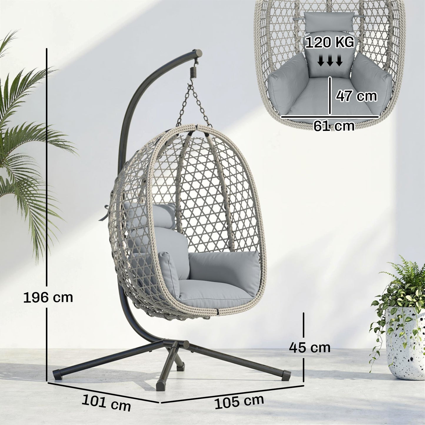Hanging Egg Chair, Indoor Outdoor Rattan Hammock Swing Chair with Stand, Safety Strap, Foldable Basket, Thick Cushion, Headrest, Metal Frame for Garden Balcony Patio Lounge Porch, Light Grey