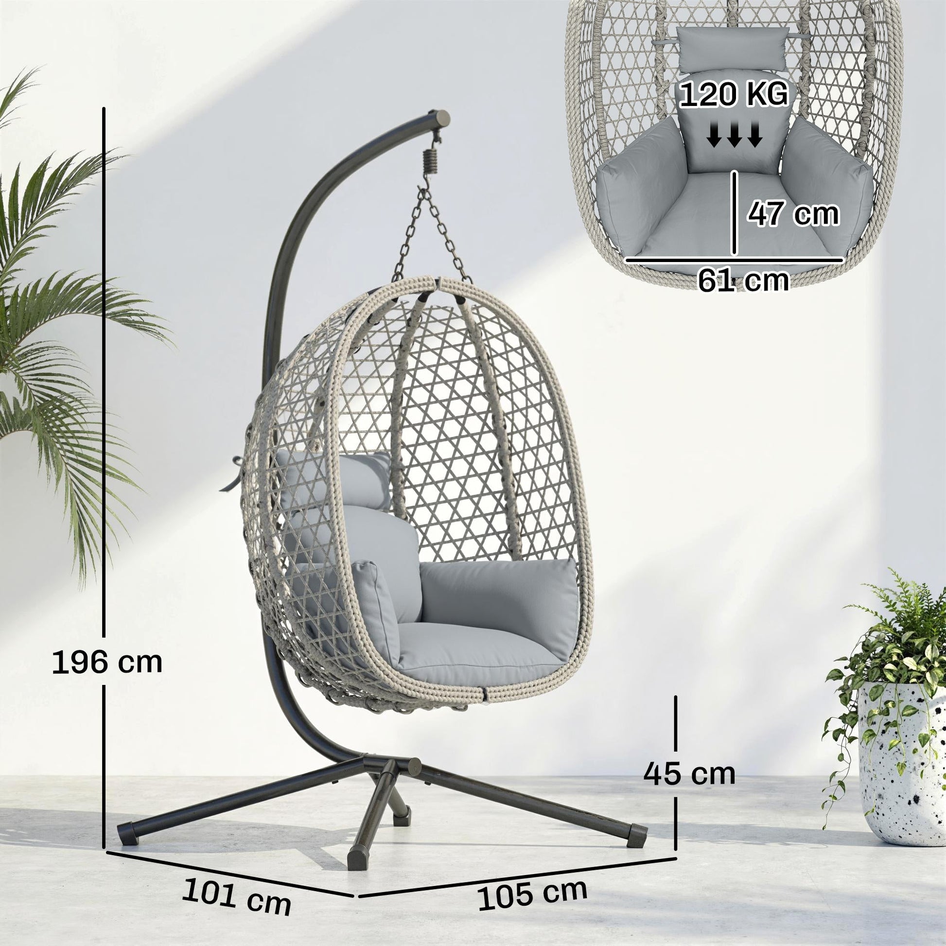 Hanging Egg Chair, Indoor Outdoor Rattan Hammock Swing Chair with Stand, Safety Strap, Foldable Basket, Thick Cushion, Headrest, Metal Frame for Garden Balcony Patio Lounge Porch, Light Grey