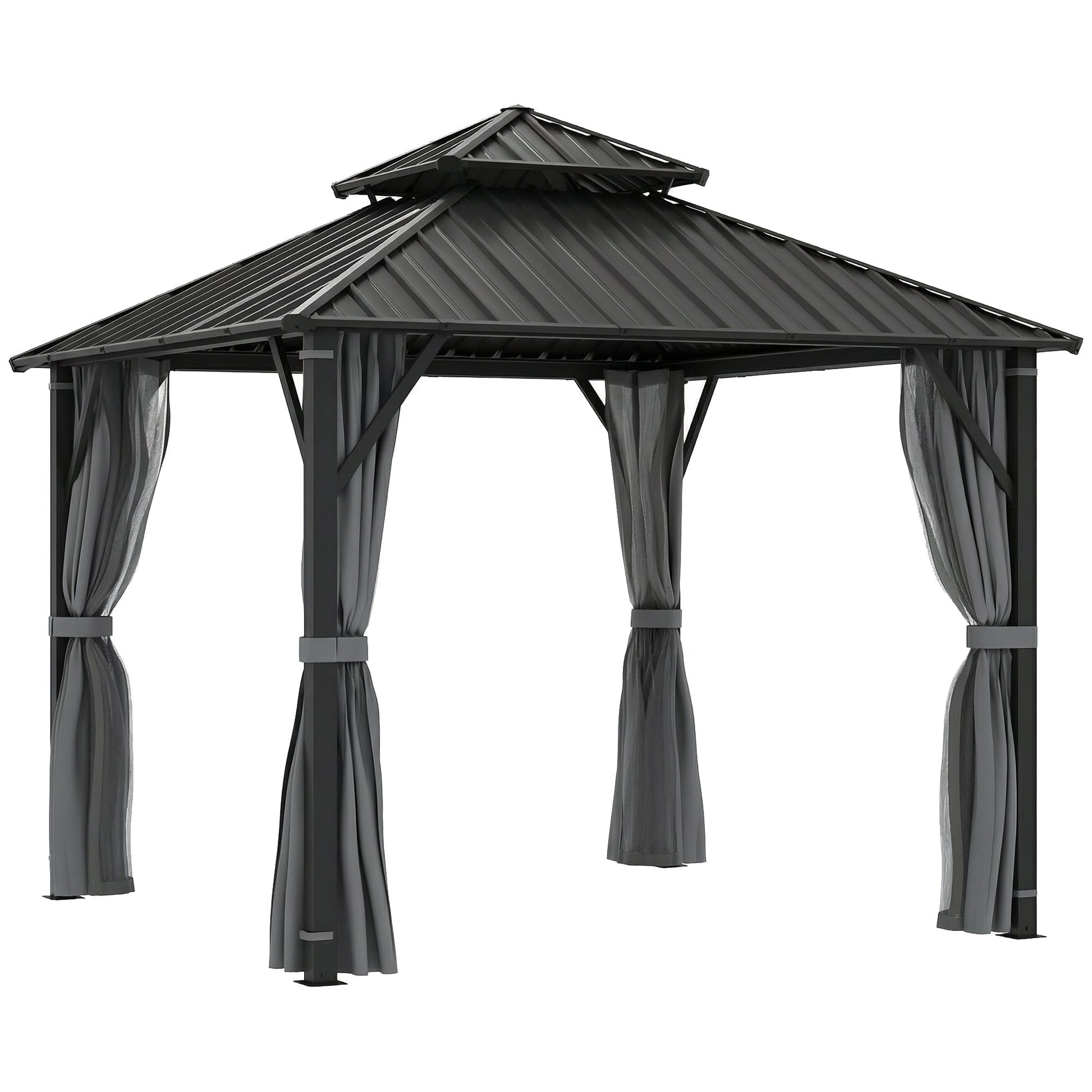 3 x 3(m) Hardtop Gazebo Canopy with Double Metal Roof, Waterproof Permanent Pavilion Garden Gazebo with Netting and Curtains, Easy to Assemble, Grey