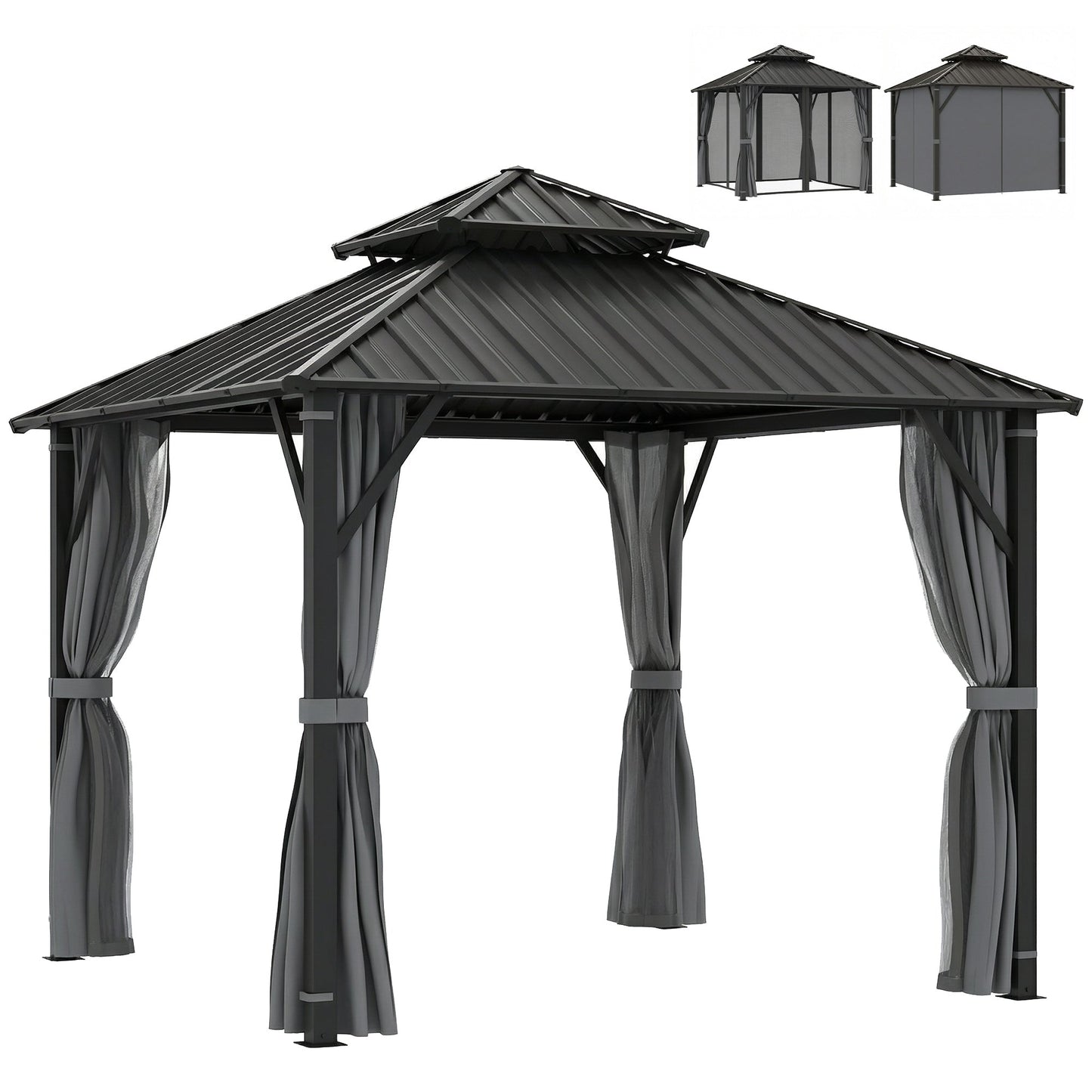 3 x 3(m) Hardtop Gazebo Canopy with Double Metal Roof, Waterproof Permanent Pavilion Garden Gazebo with Netting and Curtains, Easy to Assemble, Grey