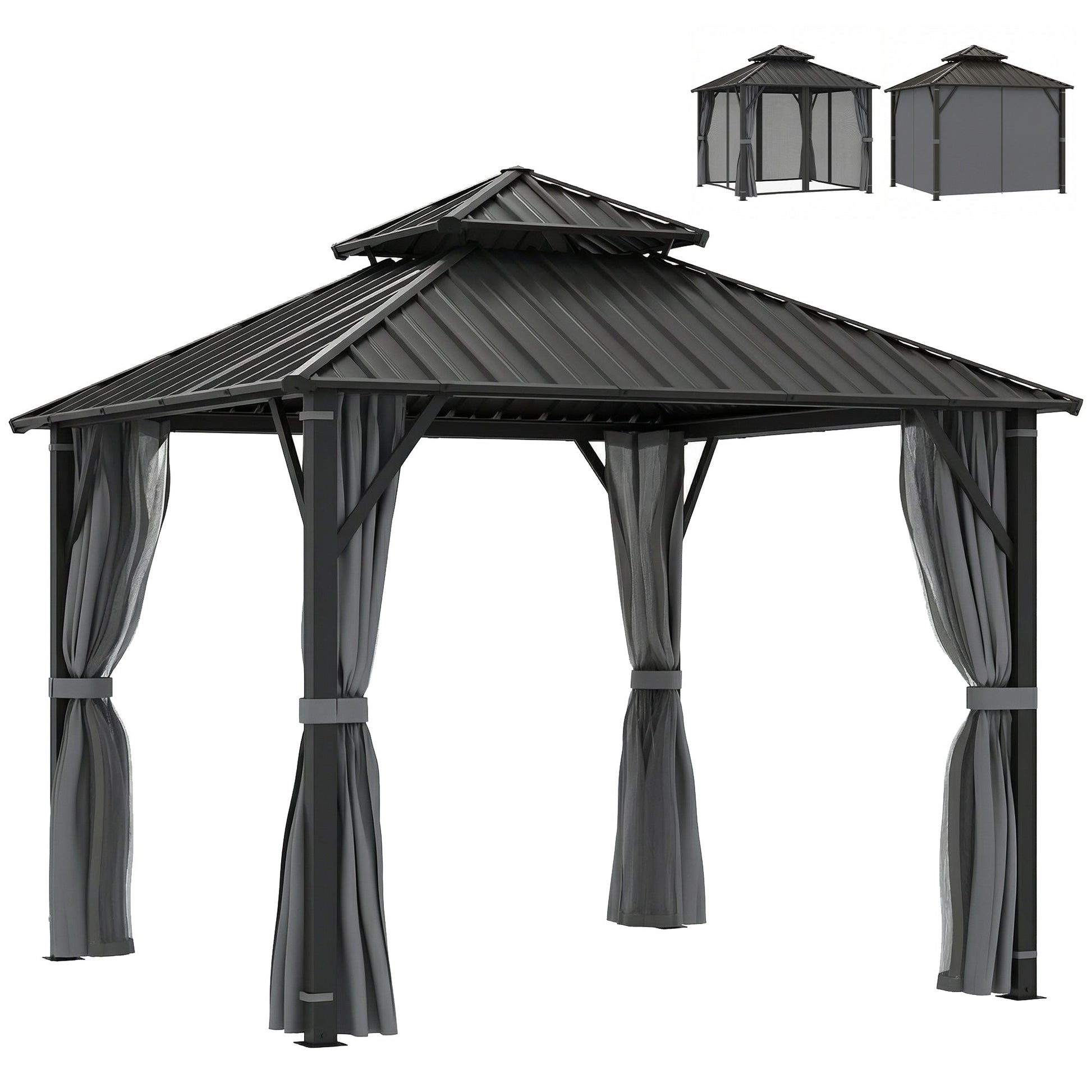 3 x 3(m) Hardtop Gazebo Canopy with Double Metal Roof, Waterproof Permanent Pavilion Garden Gazebo with Netting and Curtains, Easy to Assemble, Grey