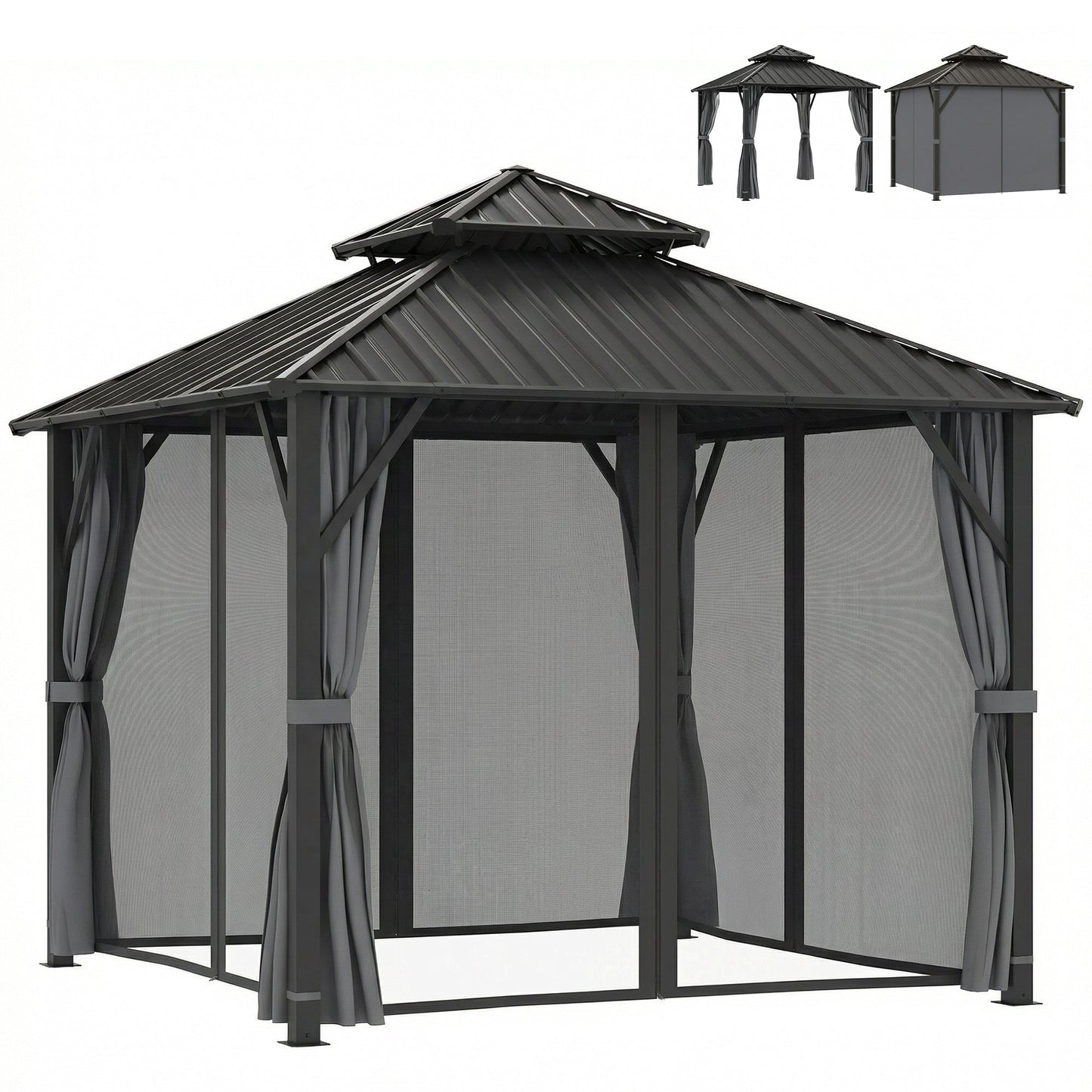 3 x 3(m) Hardtop Gazebo Canopy with Double Metal Roof, Waterproof Permanent Pavilion Garden Gazebo with Netting and Curtains, Easy to Assemble, Grey