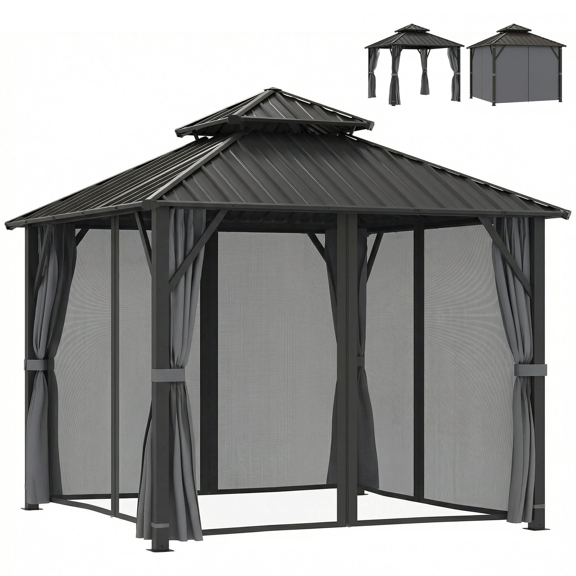 3 x 3(m) Hardtop Gazebo Canopy with Double Metal Roof, Waterproof Permanent Pavilion Garden Gazebo with Netting and Curtains, Easy to Assemble, Grey