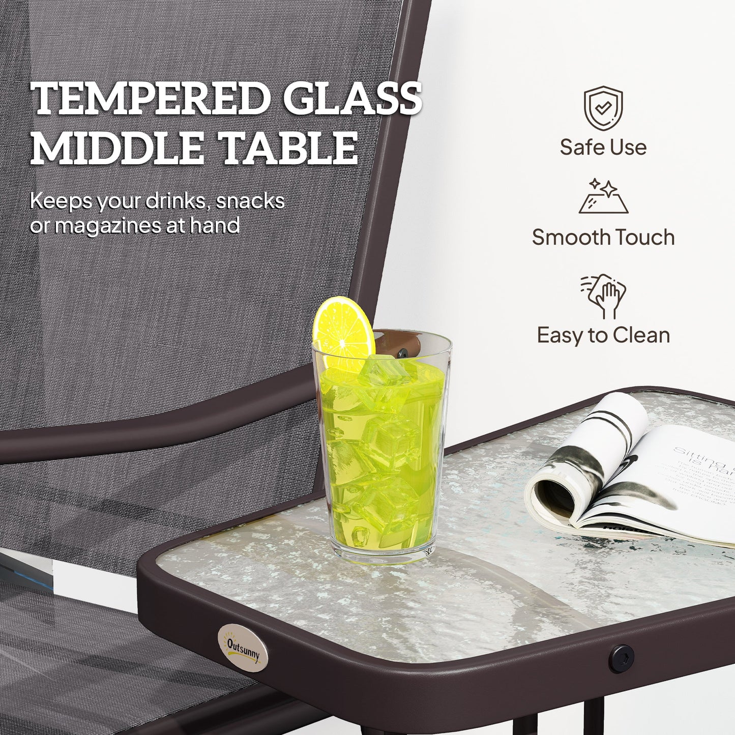 Outdoor Double Glider Rocking Chairs with Glass Top Middle Table, Metal Gliding Love Seat Conversation Furniture with Breathable Mesh Fabric Seat, for Garden, Patio, Grey