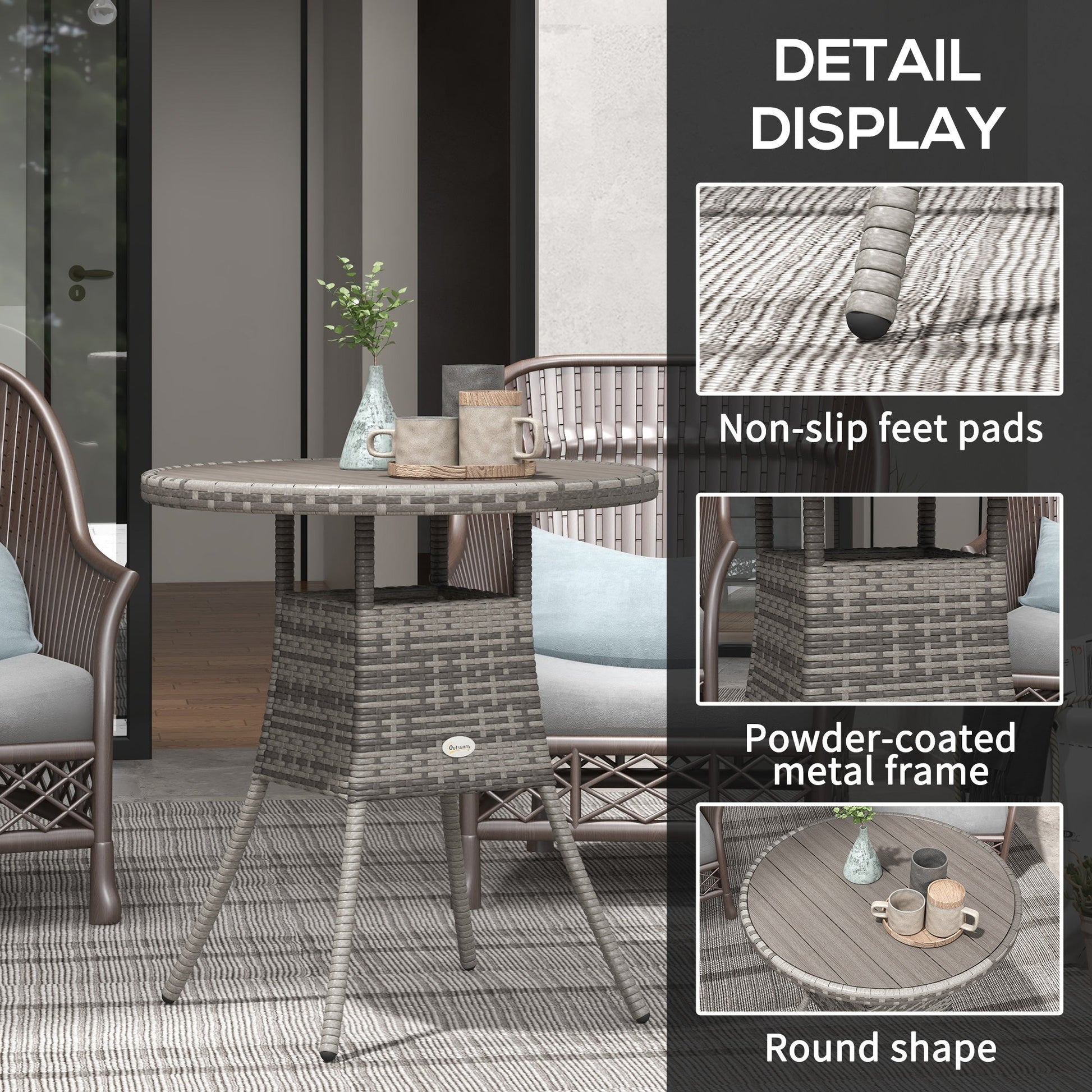 70 cm Outdoor Dining Table, PE Rattan Patio Table with Wood-plastic Composite Top for Balcony, Garden, Grey
