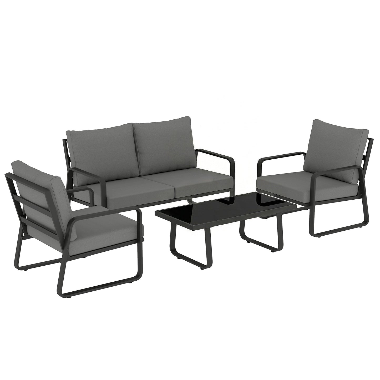 4 Piece Garden Furniture Set, Outdoor Sofa Set with Loveseat, 2 Armchairs, Coffee Table and Cushions, Patio Furniture Conversation Set for Poolside Porch, Black
