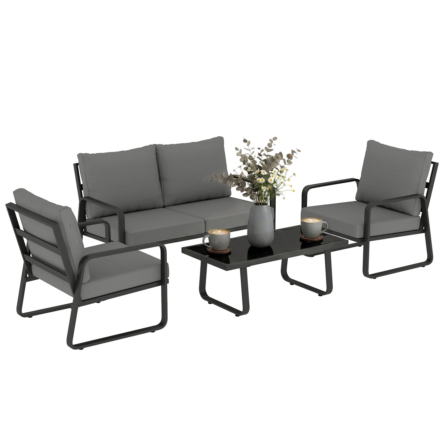 4 Piece Garden Furniture Set, Outdoor Sofa Set with Loveseat, 2 Armchairs, Coffee Table and Cushions, Patio Furniture Conversation Set for Poolside Porch, Black