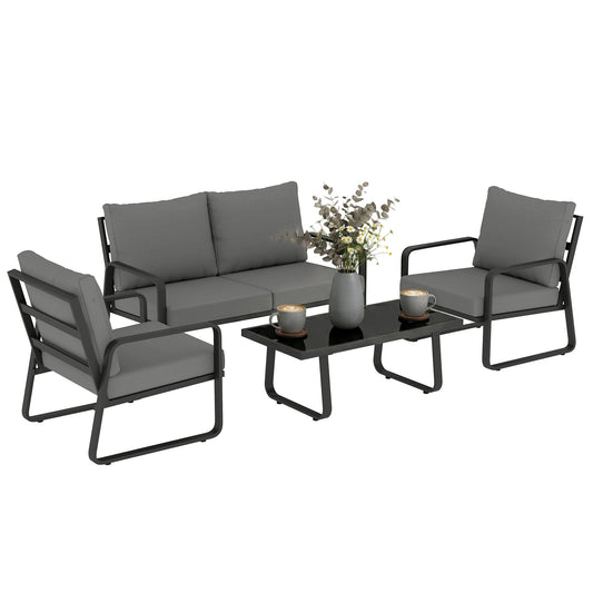 4 Piece Garden Furniture Set, Outdoor Sofa Set with Loveseat, 2 Armchairs, Coffee Table and Cushions, Patio Furniture Conversation Set for Poolside Porch, Black