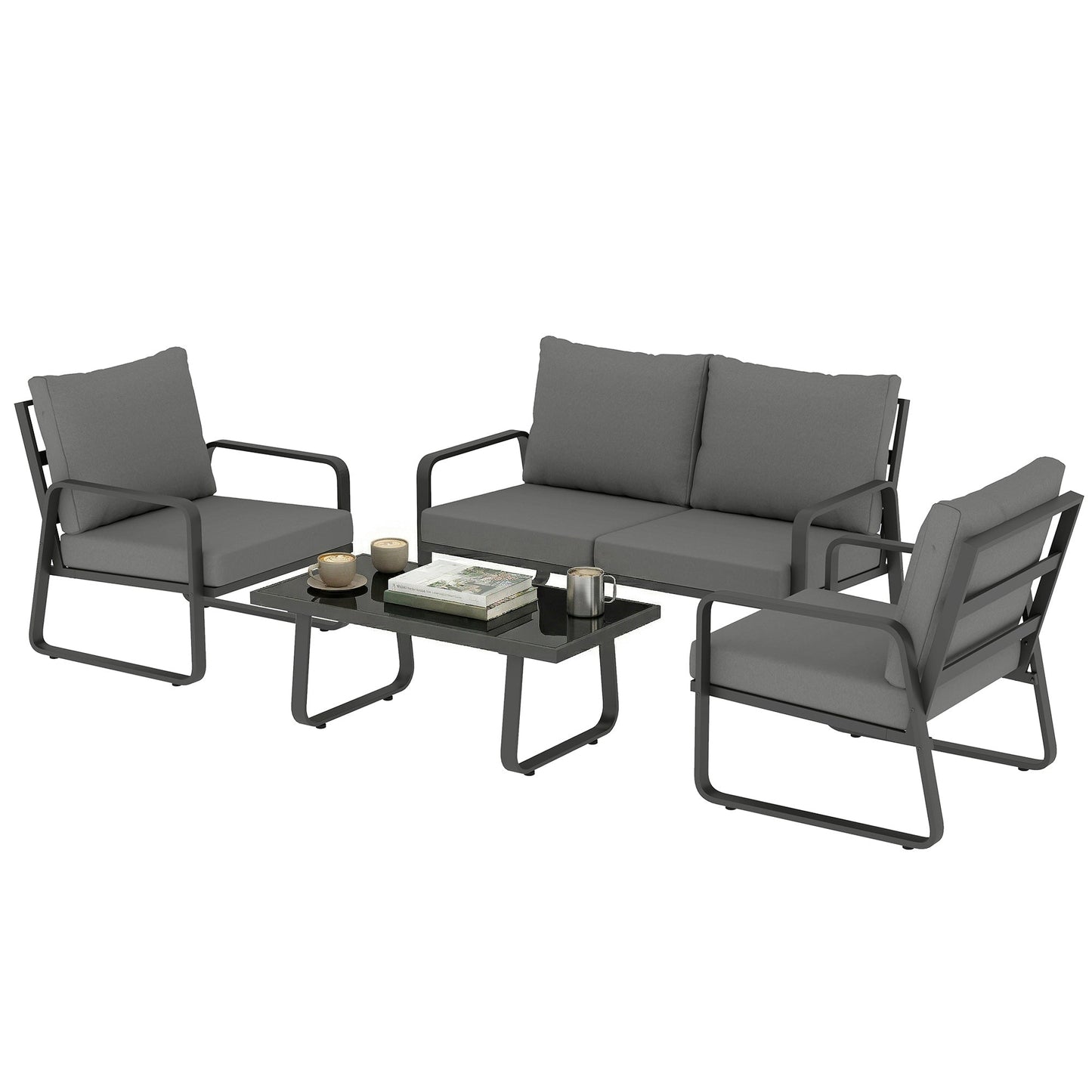 4 Piece Garden Furniture Set, Outdoor Sofa Set with Loveseat, 2 Armchairs, Coffee Table and Cushions, Patio Furniture Conversation Set for Poolside Porch, Black