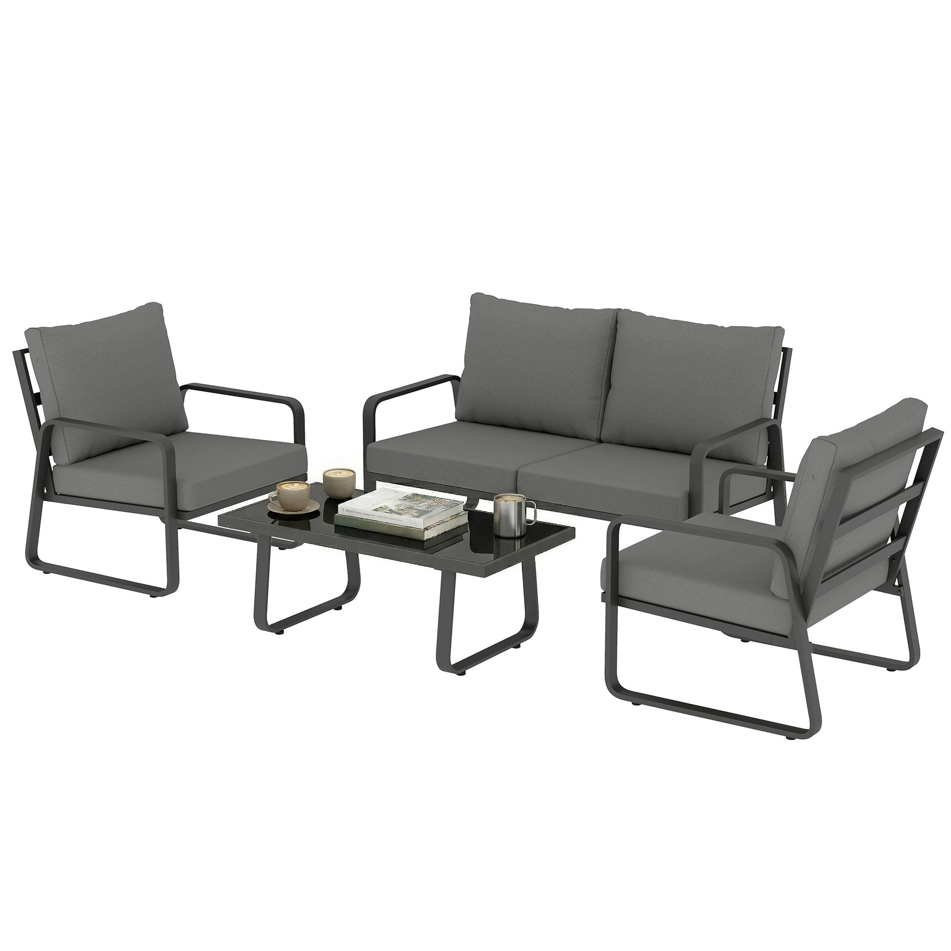 4 Piece Garden Furniture Set, Outdoor Sofa Set with Loveseat, 2 Armchairs, Coffee Table and Cushions, Patio Furniture Conversation Set for Poolside Porch, Black