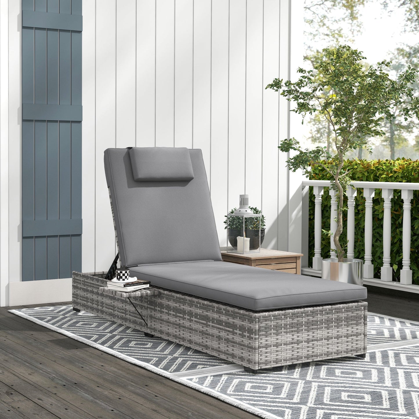 Outdoor Patio PE Rattan Lounger with Cushion, 5-Level Reclining Wicker Rattan Sun Lounger with Tea Tray, for Poolside, Patio, Deck, 120kg Weight Capacity, Grey