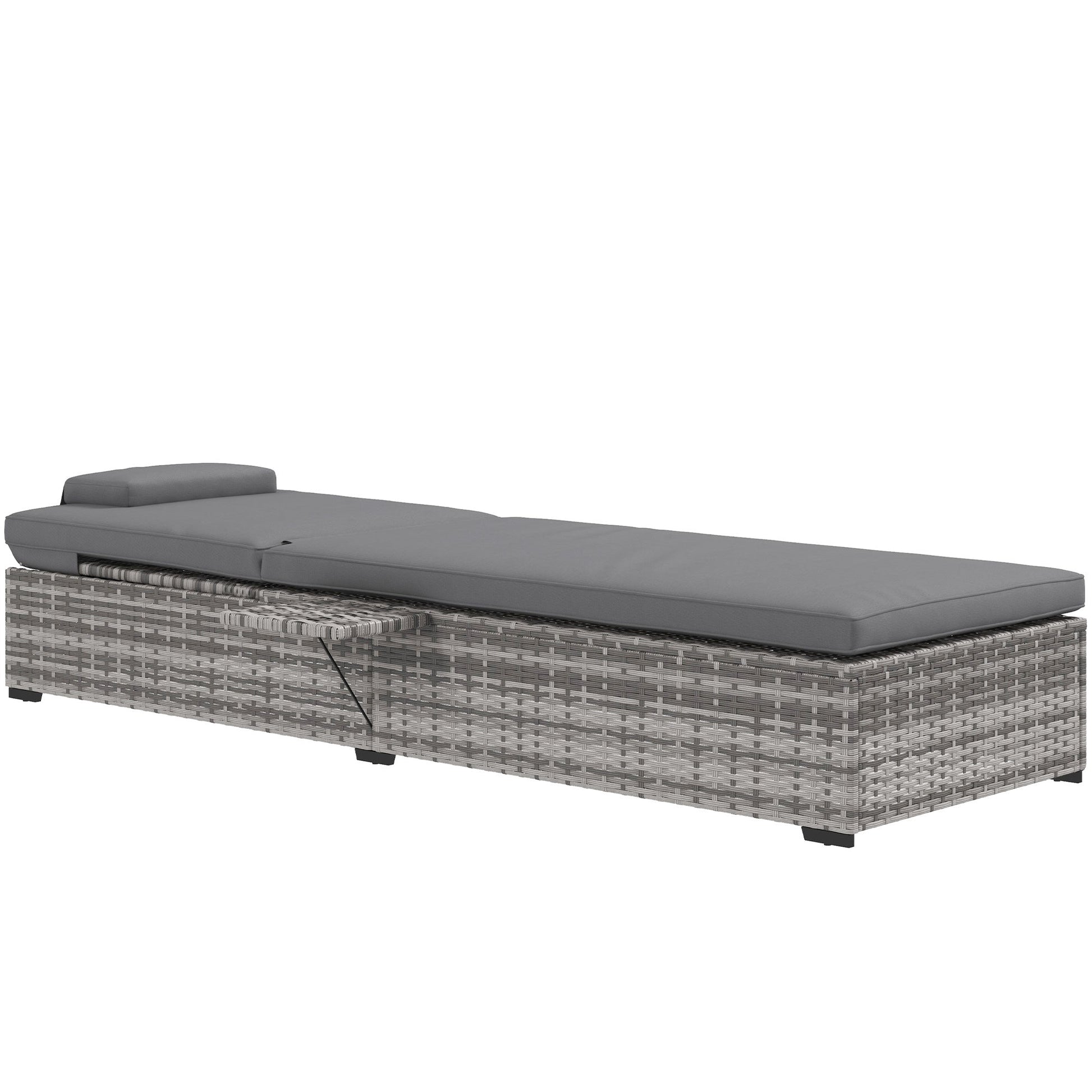 Outdoor Patio PE Rattan Lounger with Cushion, 5-Level Reclining Wicker Rattan Sun Lounger with Tea Tray, for Poolside, Patio, Deck, 120kg Weight Capacity, Grey