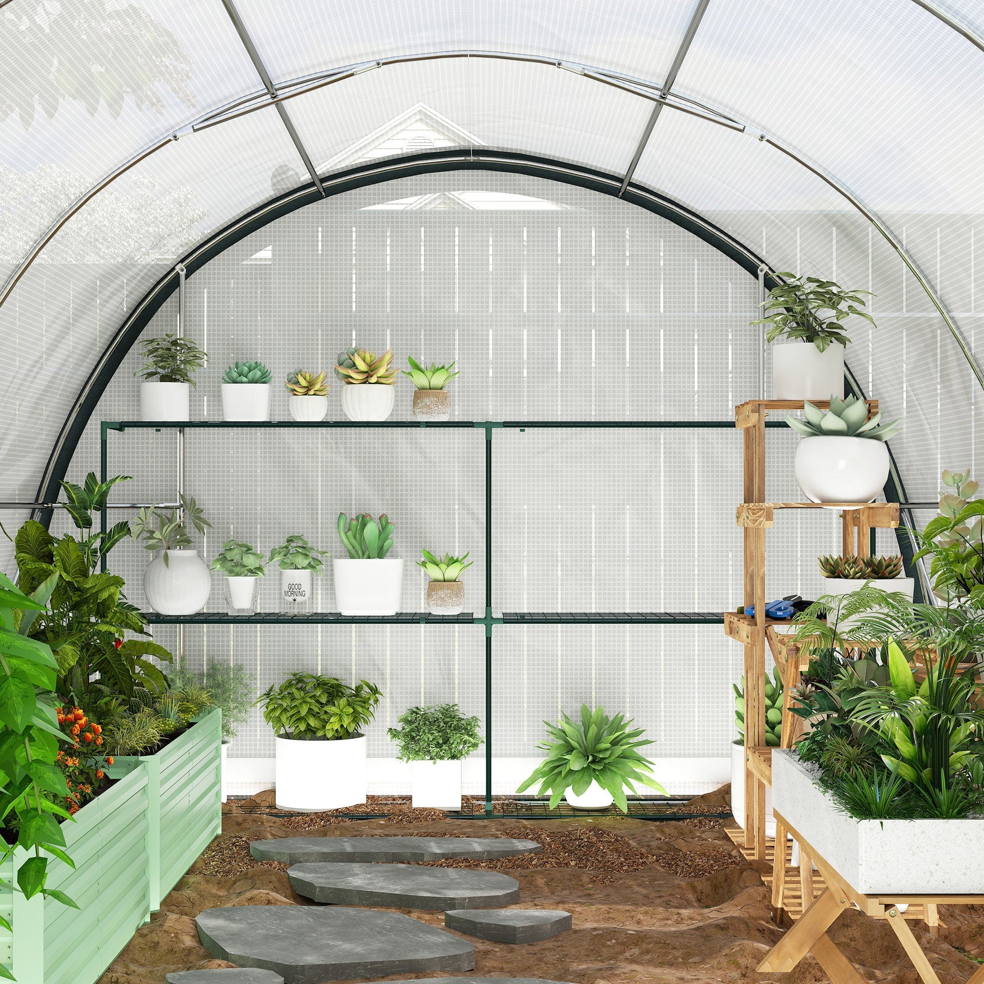 4 x 3(m) Walk-in Polytunnel Greenhouse with Upgraded Structure, Zipped Roll Up Mesh Door, 6 Mesh Windows, Tunnel Warm House Tent with PE Cover, 10 Plant Labels and Gloves, White