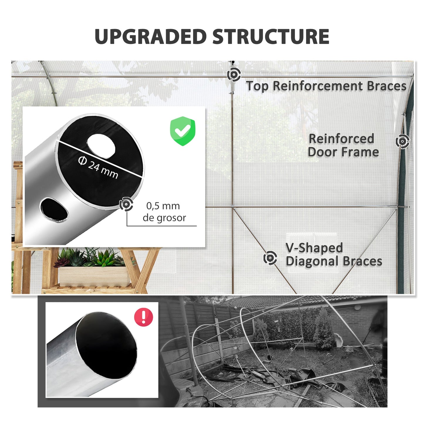 4 x 3(m) Walk-in Polytunnel Greenhouse with Upgraded Structure, Zipped Roll Up Mesh Door, 6 Mesh Windows, Tunnel Warm House Tent with PE Cover, 10 Plant Labels and Gloves, White