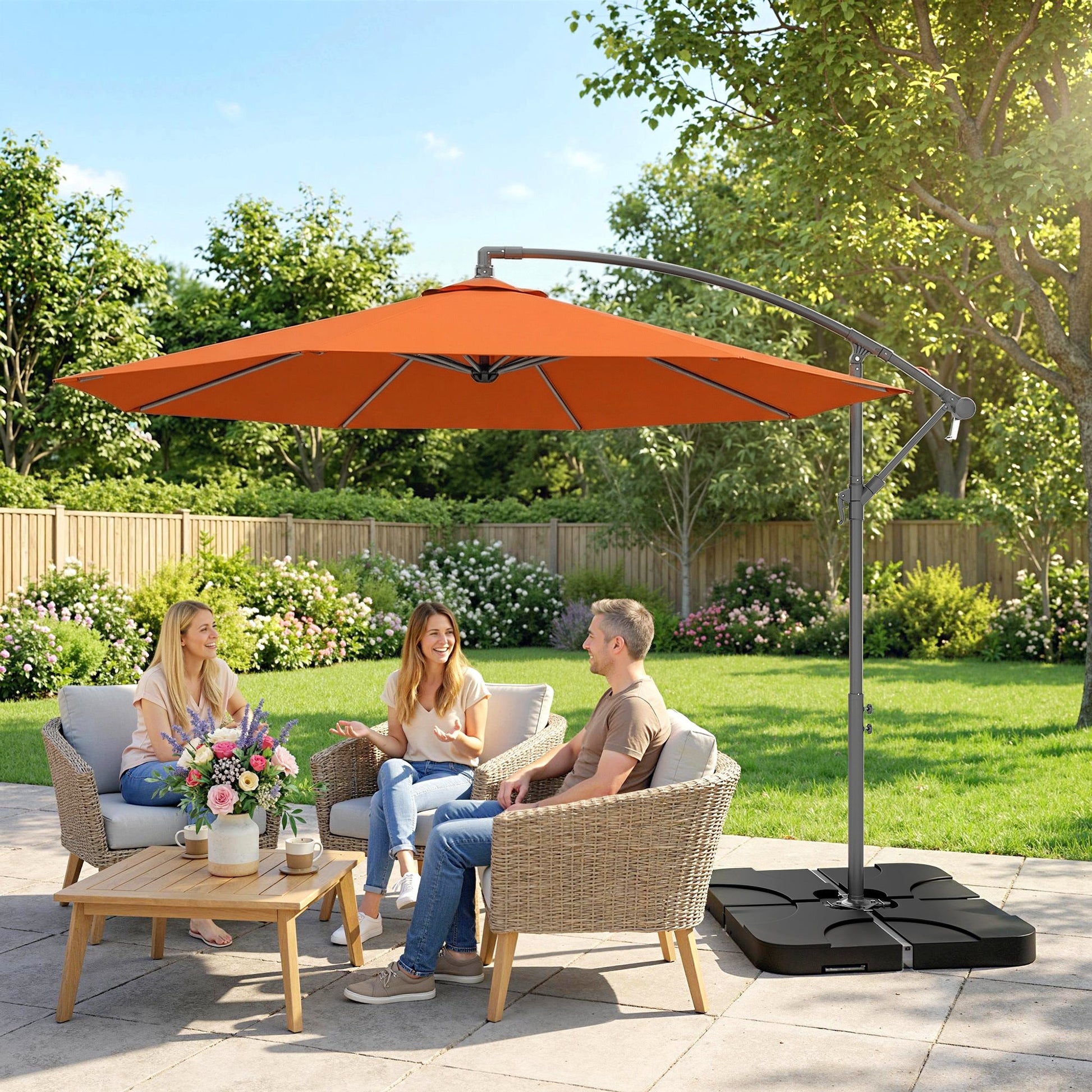 3 m Cantilever Parasol with Umbrella Weights, Cross Base, Offset Outdoor Umbrella with Protective Cover, Crank Handle, Hanging Sun Shade, Orange