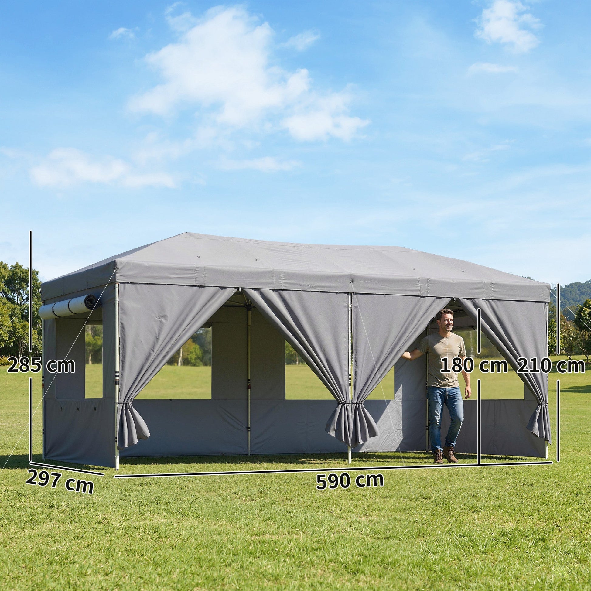 3 x 6 m Pop Up Gazebo with 6 Sidewalls, UPF50+ Outdoor Wedding Party Tent Marquee, Adjustable Height Event Shelter with Wheeled Bag, Sandbags & Stakes, Dark Grey