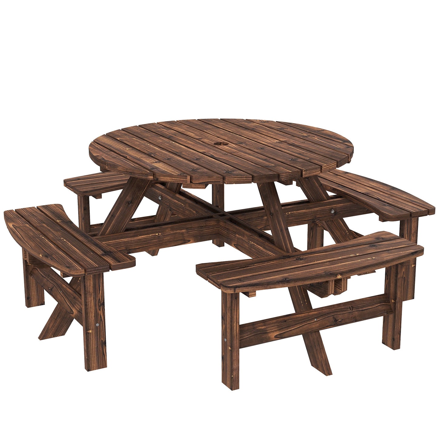 Wooden Garden Dining Set, 8 Seater Round Dining Picnic Table with Matching Bench, Patio Furniture Set with Parasol Hole for Outdoor Garden Patio Party and Family Gatherings, Tan
